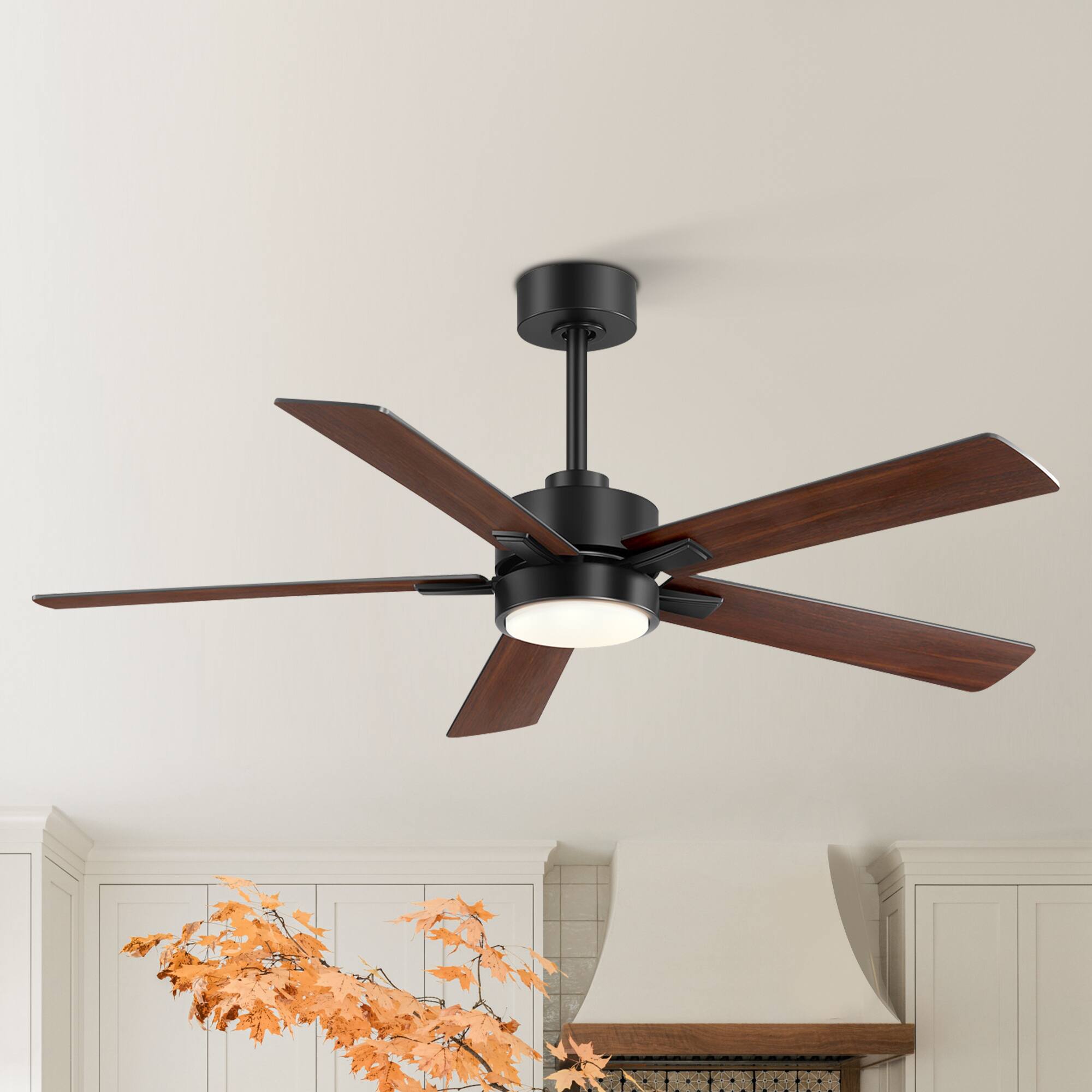 Front. Breezary - 52-Inch Ceiling Fan with LED Light, 5 Reversible Plywood Blades, 6-Speed DC Motor, Remote, Timer, 5-Inch Downrod - Matte Black and Two-tone Wood Grain.