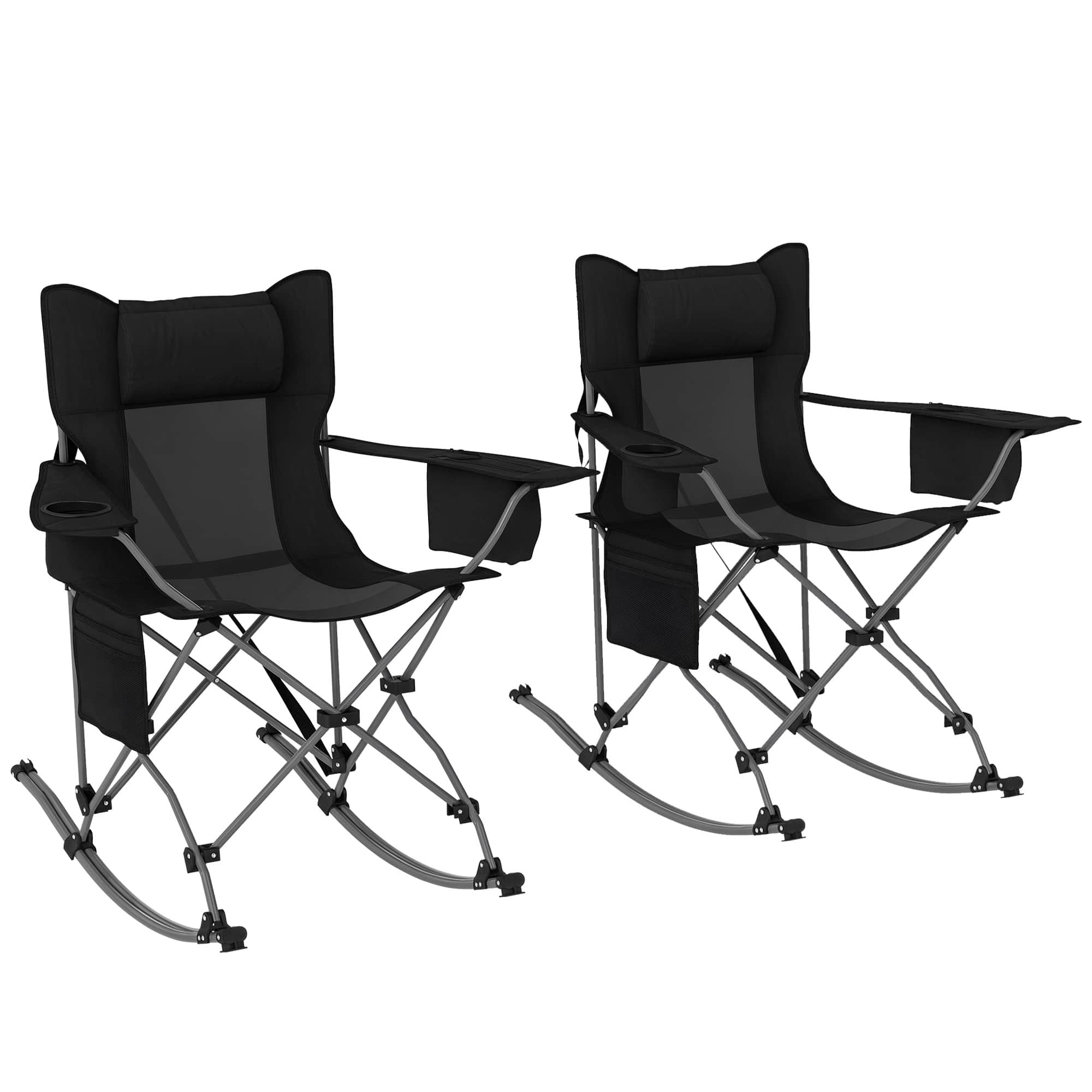 Outsunny - Rocking Camping Chairs, Portable Chairs with Headrest, Cooler Bag, Cup Holder, Carry Bag - Black
