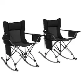 Outsunny - Rocking Camping Chairs, Portable Chairs with Headrest, Cooler Bag, Cup Holder, Carry Bag - Black