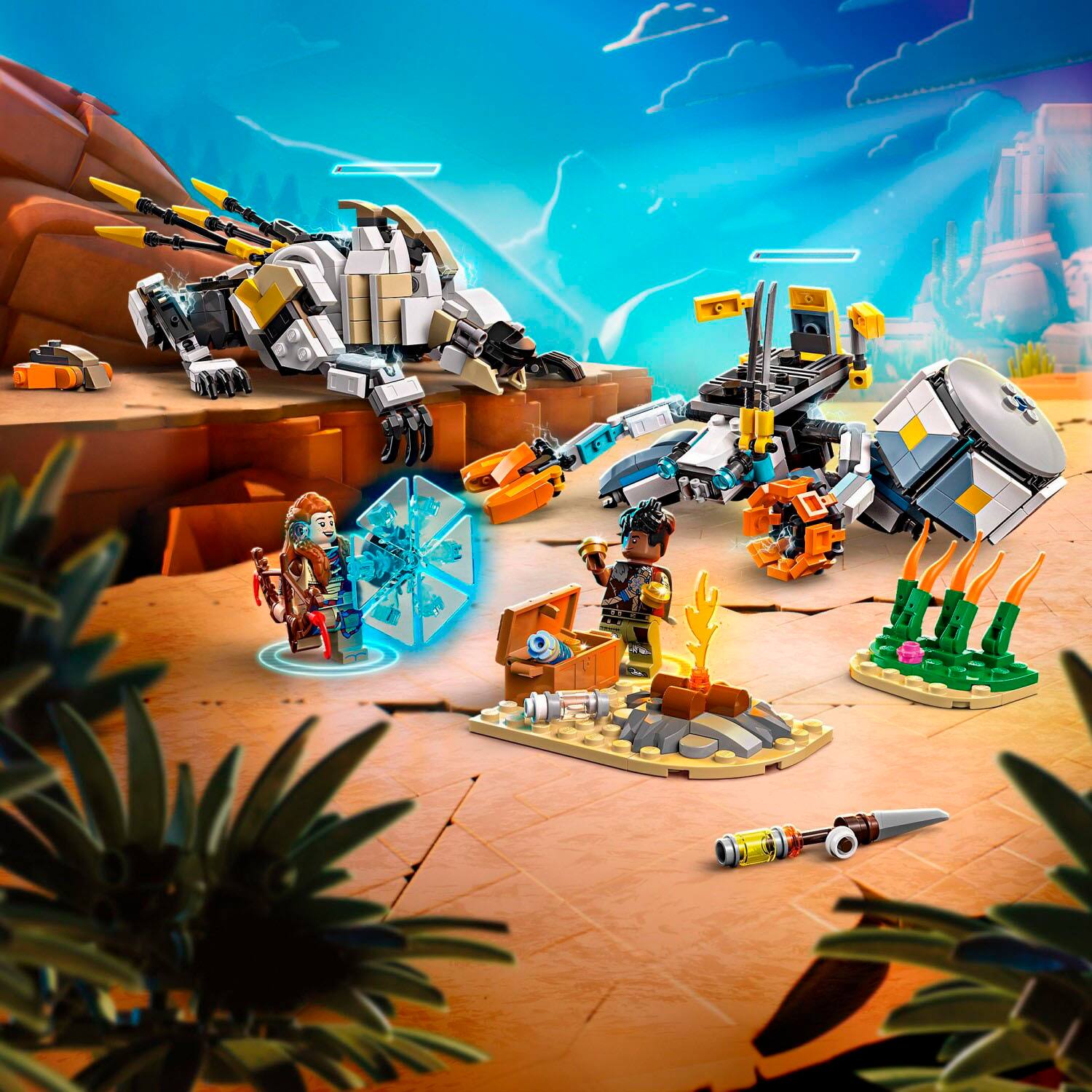 Left. LEGO - Horizon Adventures Aloy & Varl vs. Shell-Walker & Sawtooth Toy 77037.