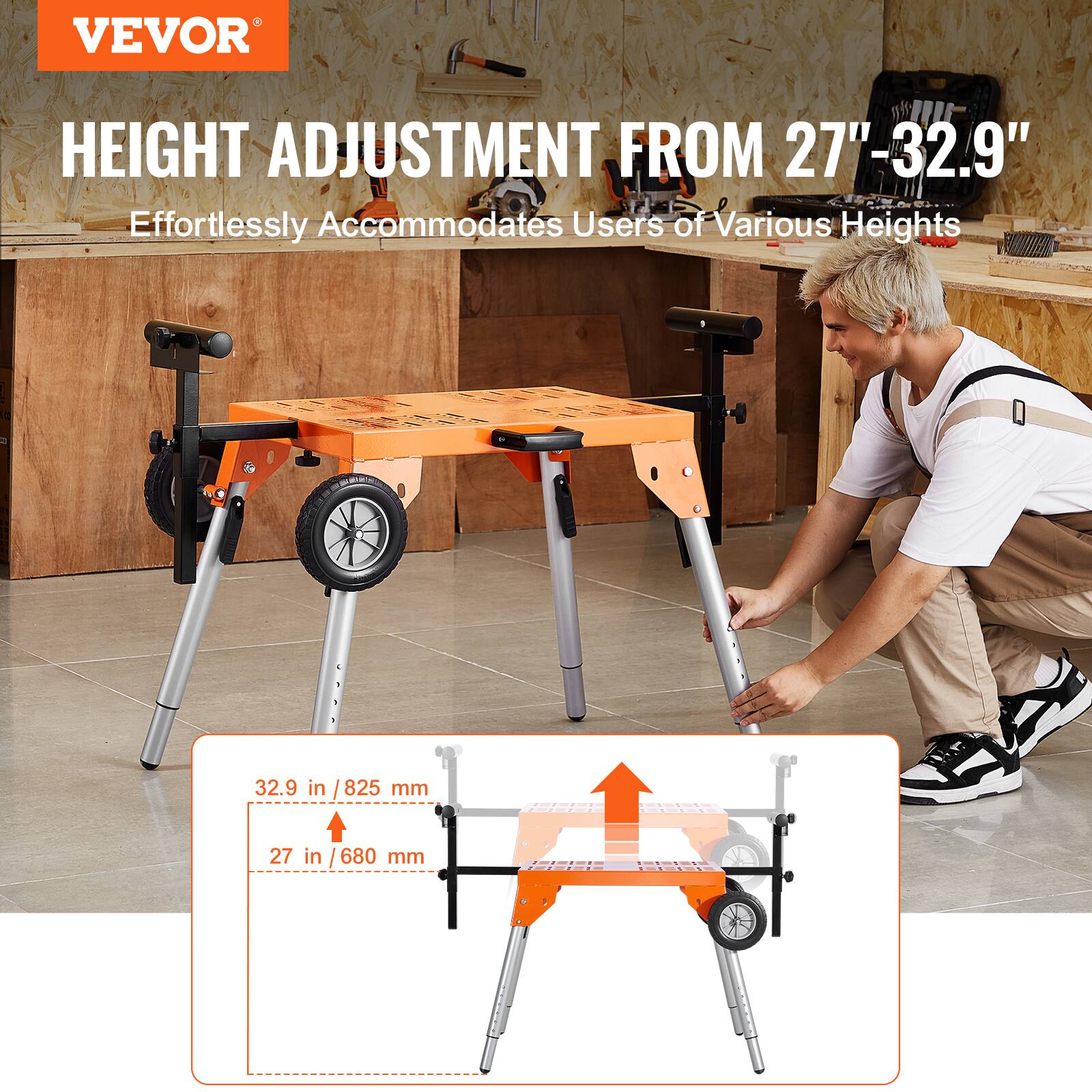VEVOR

HEIGHT ADJUSTMENT FROM 27"-32.9"

Effortlessly Accommodates Users of Various Heights

32.9 in / 825 mm

27 in / 680 mm