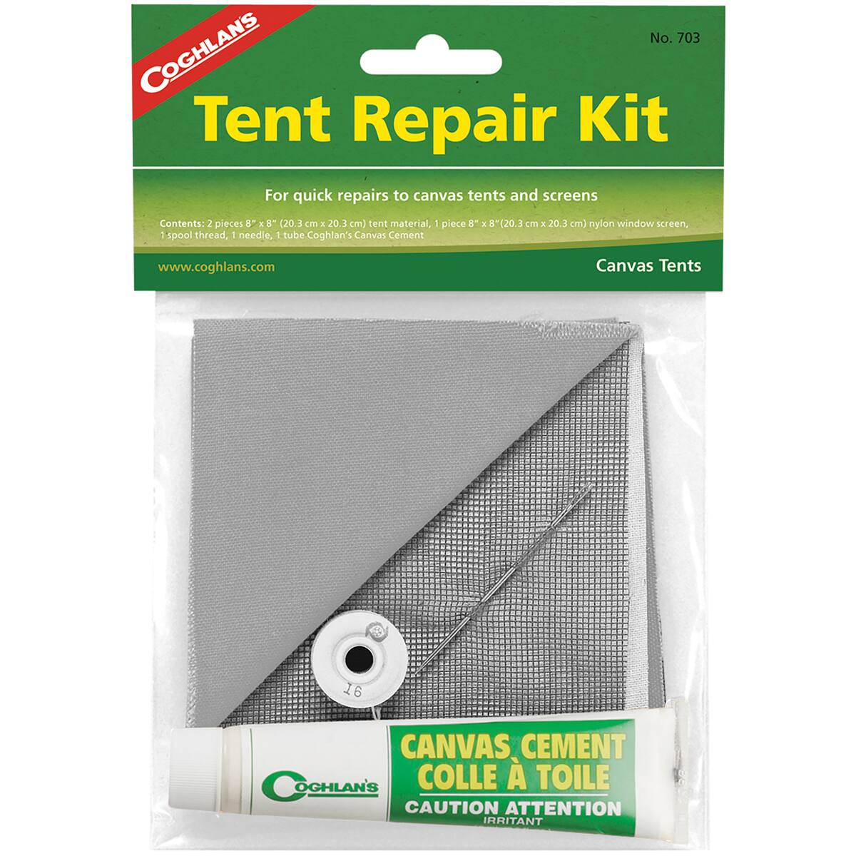 No. 703 COGHLANS Tent Repair Kit  
For quick repairs to canvas tents and screens  

Contents:  
- 2 pieces 8" x 8" (20.3 cm x 20.3 cm) tent material  
- 1 piece 8" x 8" (20.3 cm x 20.3 cm) nylon window screen  
- 1 spool thread  
- 1 needle  
- 1 tube Coghlan's Canvas Cement  

www.coghlan.com  

Canvas Tents  

CANVAS CEMENT  
COLLE À TOILE  
CAUTION ATTENTION  
IRRITANT