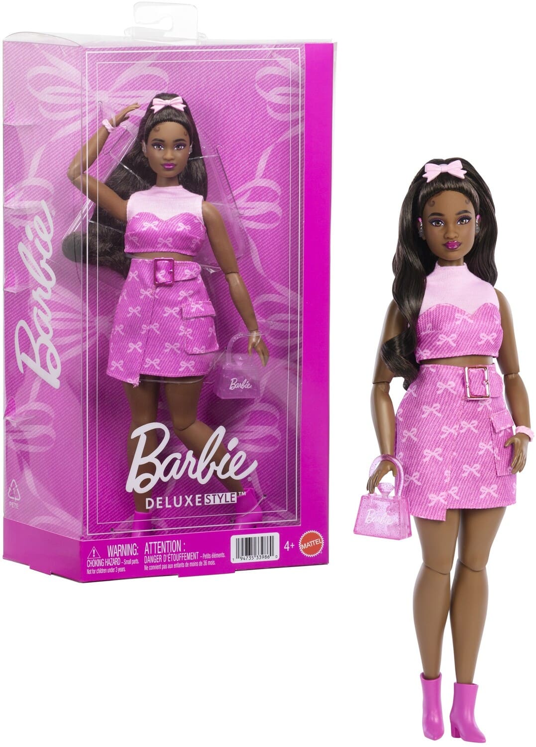 Mattel - Barbie Deluxe Style Fashion Doll #10 in Pink Denim Top & Skirt Set With Bow Print, Black - COLLECTIBLES - Multicolor