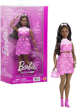 Mattel - Barbie Deluxe Style Fashion Doll #10 in Pink Denim Top & Skirt Set With Bow Print, Black - COLLECTIBLES - Multicolor