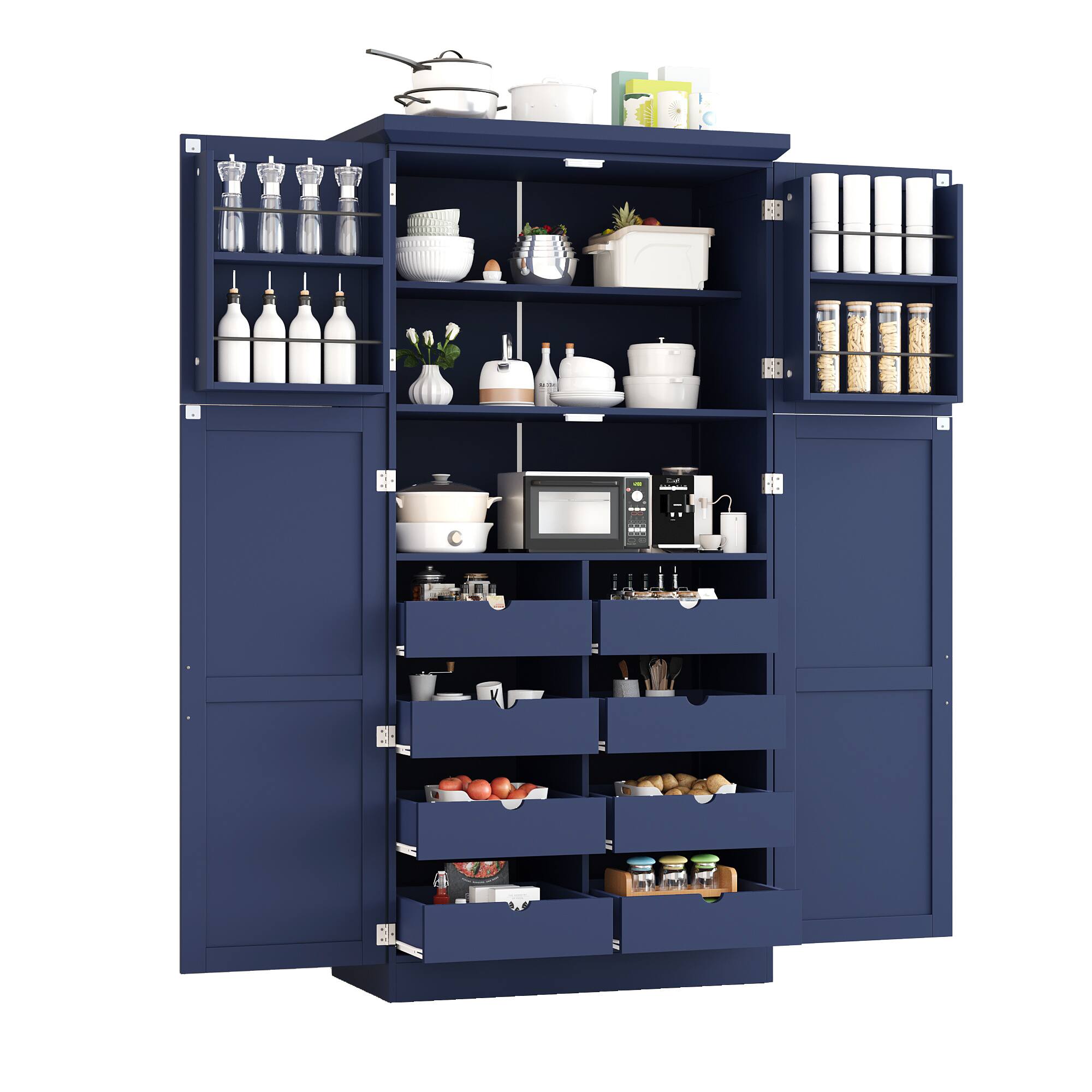 Alt View 2. Forest'nSky - 70.9" Freestanding Pantry Cabinet, 35.5" Wide with 8 Pull-Out Trays & Door Shelves for Dining Room, Blue - Blue.