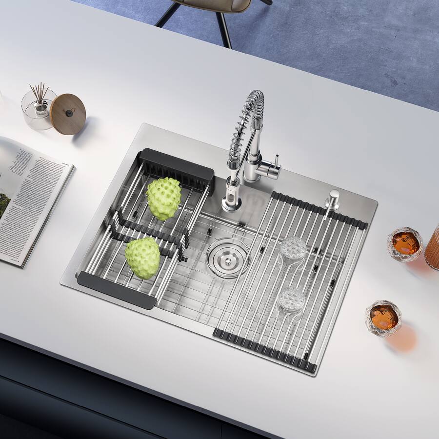 Colander Coated Akicon 28 in. Drop in Single Bowl 20 Gauge Nano Coated Kitchen Sink ...