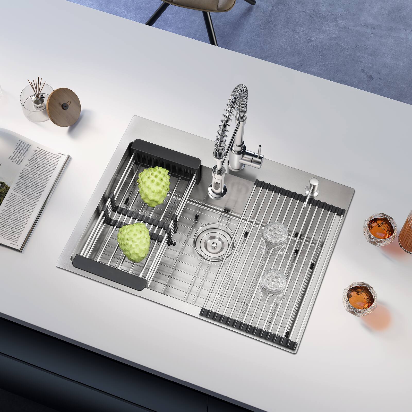 Angle. Akicon - Akicon 28 in. Drop-in Single Bowl 20-Gauge Silver Nano-Coated Kitchen Sink with Grid, Strainer, Colander and Rollup Rack - Silver.