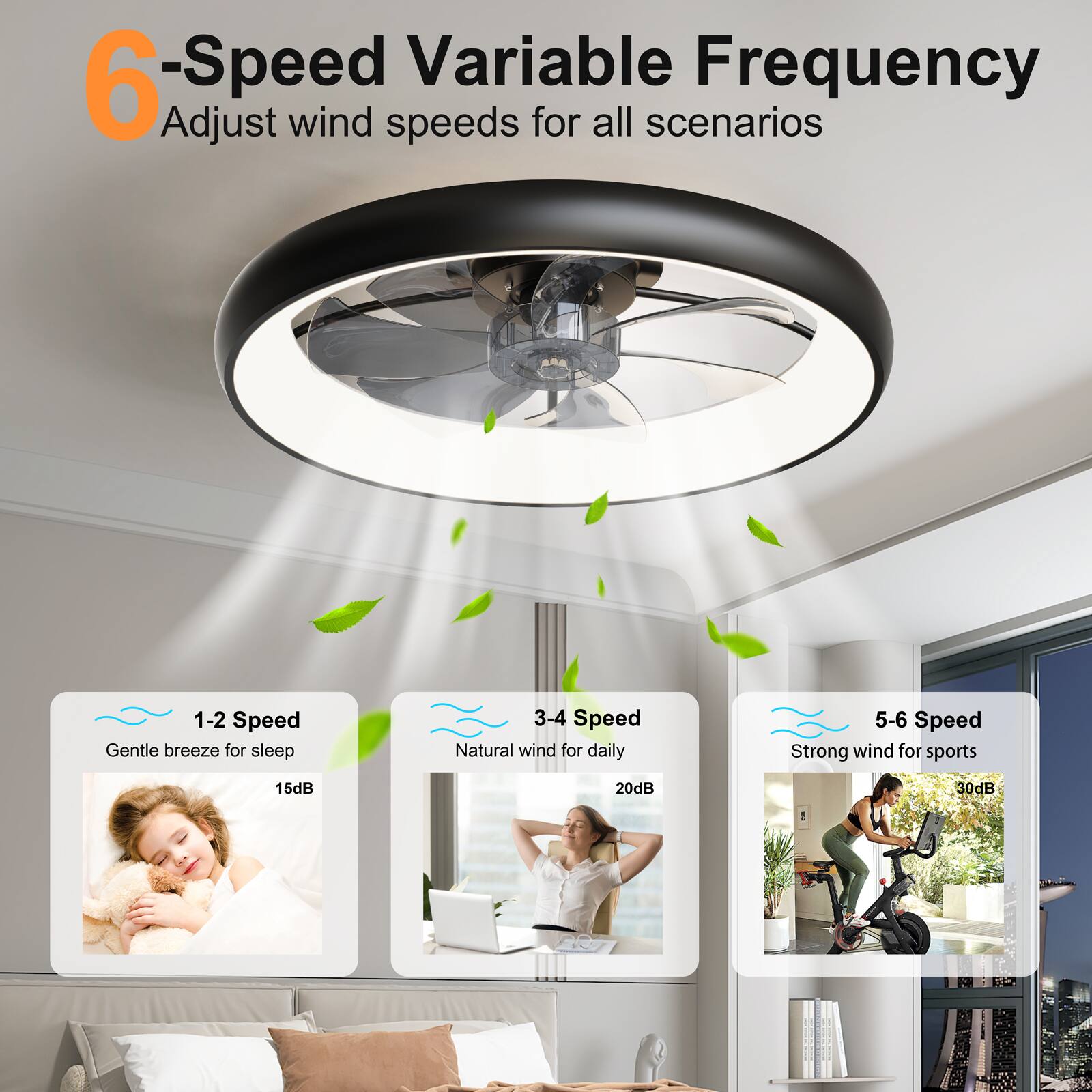 6-Speed Variable Frequency  
Adjust wind speeds for all scenarios  

1-2 Speed  
Gentle breeze for sleep  
15dB  

3-4 Speed  
Natural wind for daily  
20dB  

5-6 Speed  
Strong wind for sports  
30dB