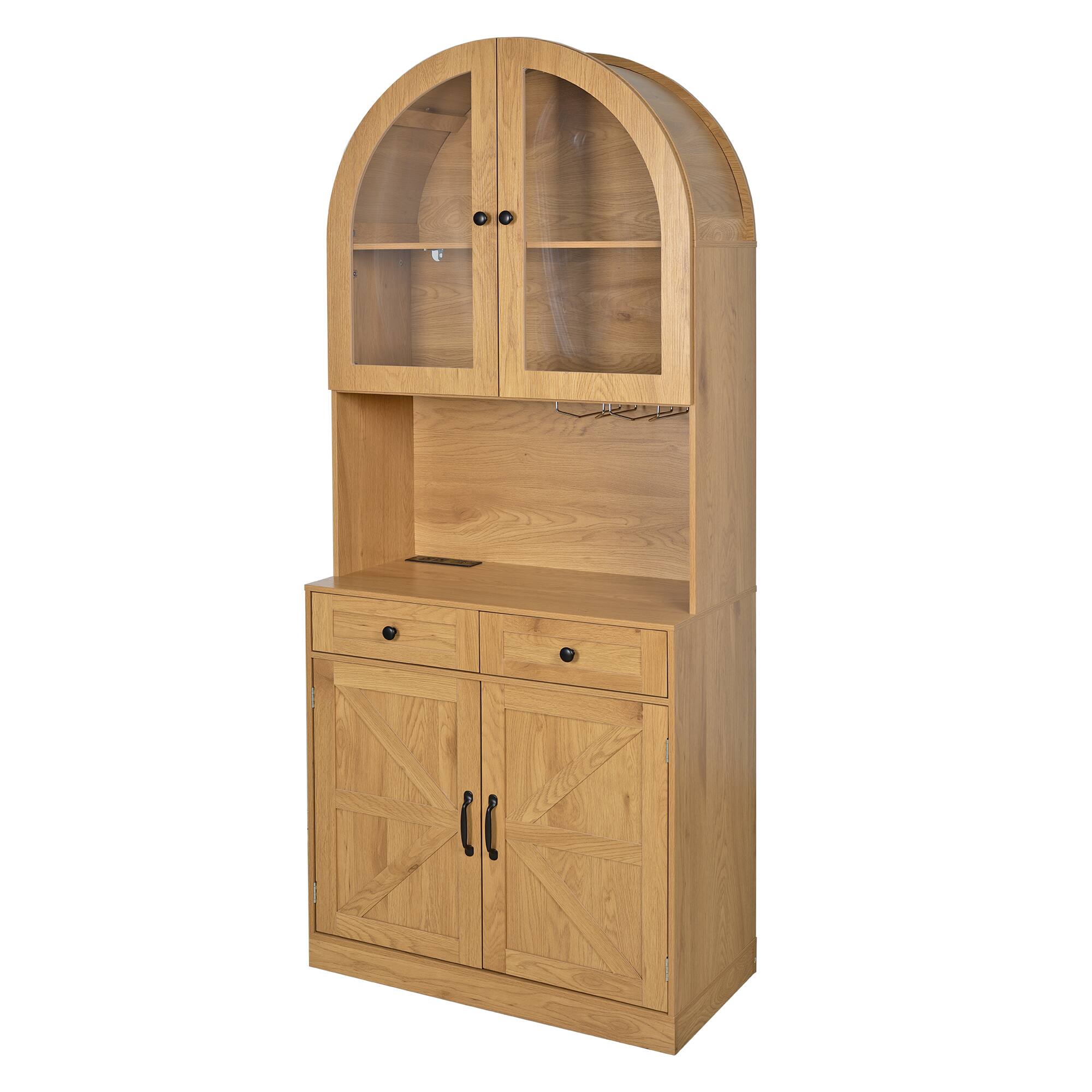 Alt View 9. Loheer - Loheer Farmhouse Pantry Cabinet, 75 Inch Oak Coffee Bar Cabinet with Charging Station, Glass Doors, Adjustable Shelves - Oak.