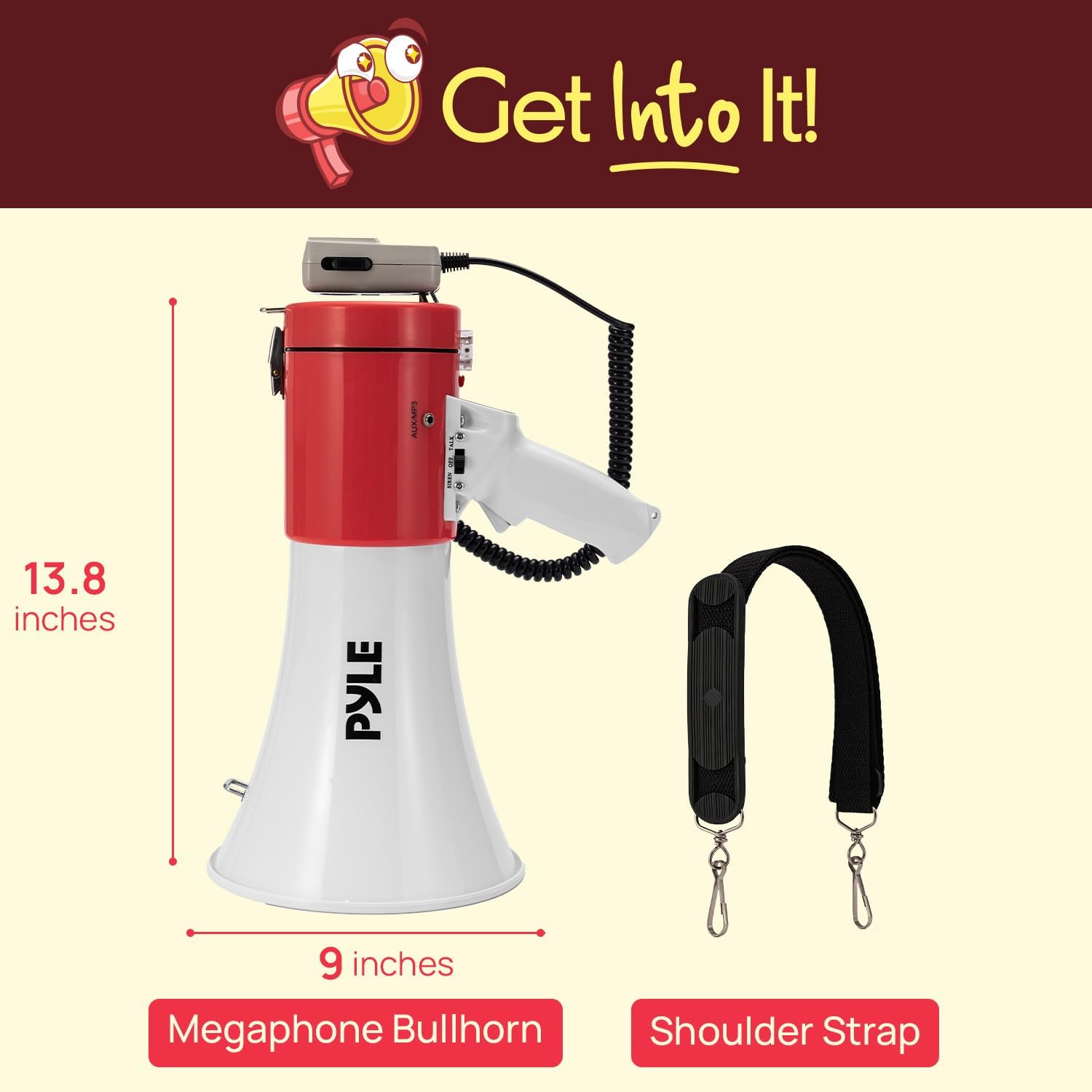 Get Into It! ALXUMPS a i D 13.8 inches PYLE 9 inches Megaphone Bullhorn Shoulder Strap