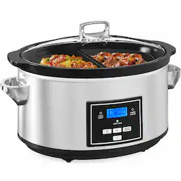 RYHNUYNE - 6 Quart Programmable Slow Cooker, 2 in 1 Silicone Liners, Digital Timer, Adjustable Temperature Control, Dishwasher - Silver