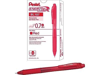 Pentel ENERGEX BL107 Retractable Gel Roller Pen 0.7 mm Ink color: Red

Features:
- Retractable gel roller pen
- Ink flows smoothly
- Removable cap
- Uses LR44 battery (included)
- Visible ink level indicator
- Refillable with Pentel ink cartridges
- Ultra-smooth writing

Made in Japan
C-Pentel Co., Ltd.