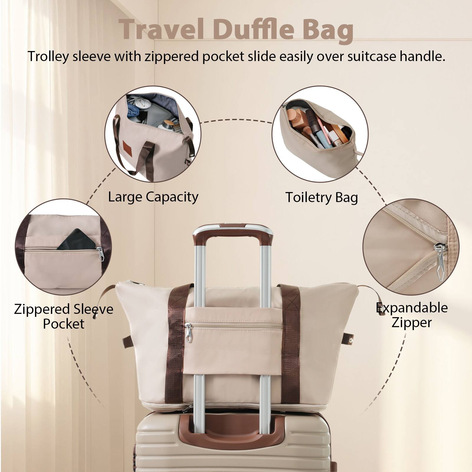 Travel Duffle Bag

Trolley sleeve with zippered pocket slide easily over suitcase handle.

- Large Capacity
- Toiletry Bag
- Zippered Sleeve Pocket
- Expandable Zipper