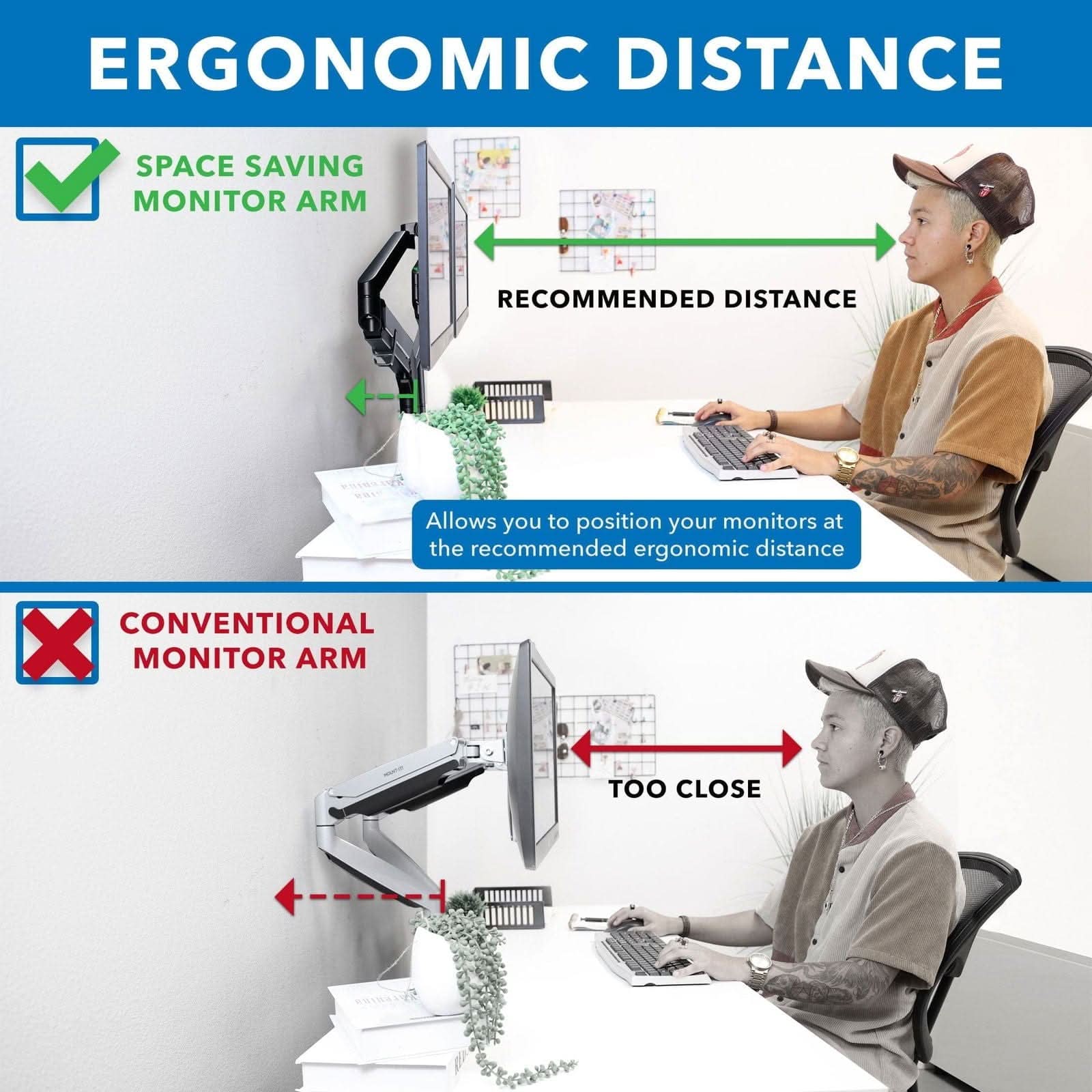 ERGONOMIC DISTANCE

SPACE SAVING MONITOR ARM
- RECOMMENDED DISTANCE
- Allows you to position your monitors at the recommended ergonomic distance

CONVENTIONAL MONITOR ARM
- TOO CLOSE