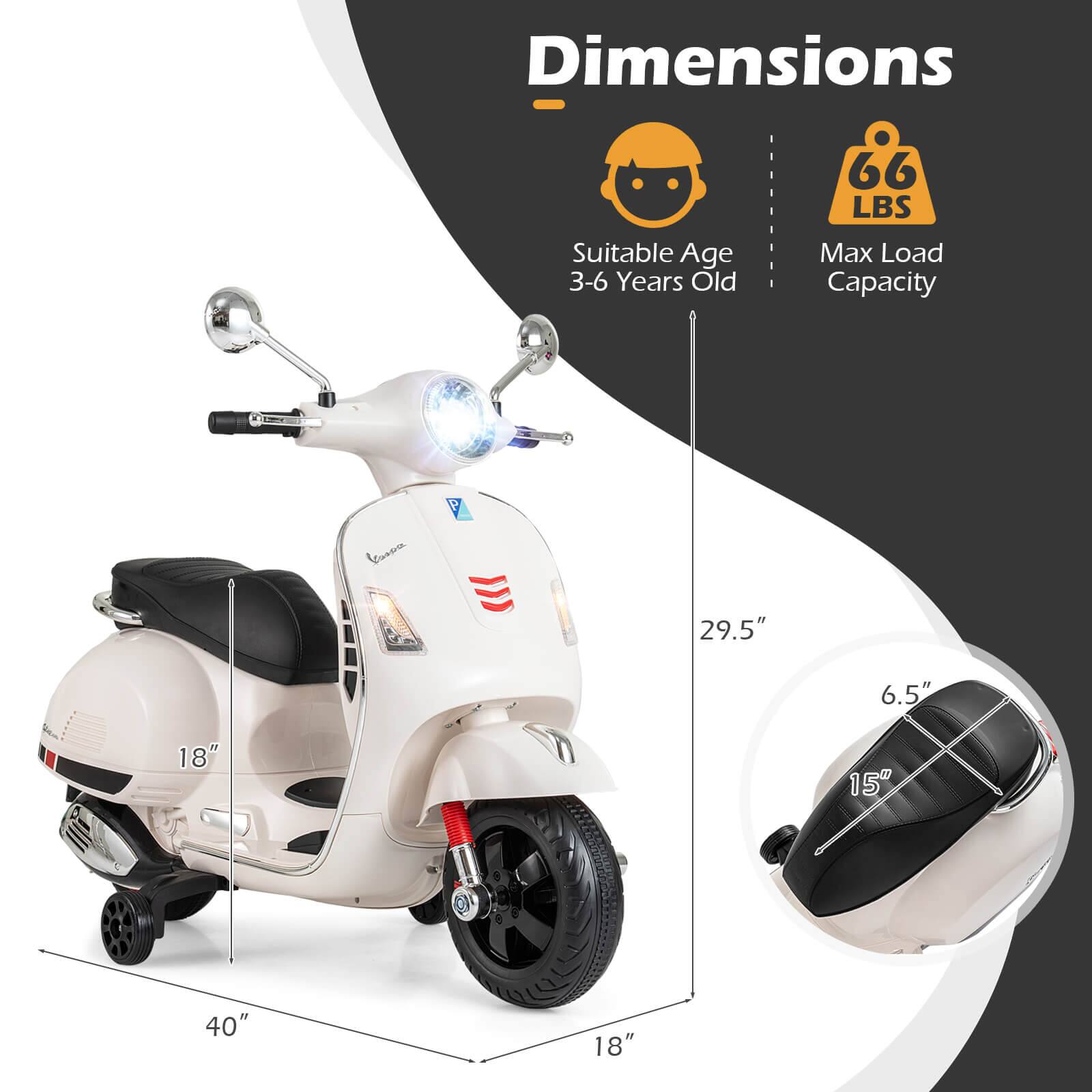 Dimensions  
Suitable Age: 3-6 Years Old  
Max Load Capacity: 66 LBS  

Dimensions:  
- Length: 40"  
- Width: 18"  
- Height: 29.5"  
- Seat Height: 15"  
- Seat Width: 6.5"  
- Wheel Diameter: 18"