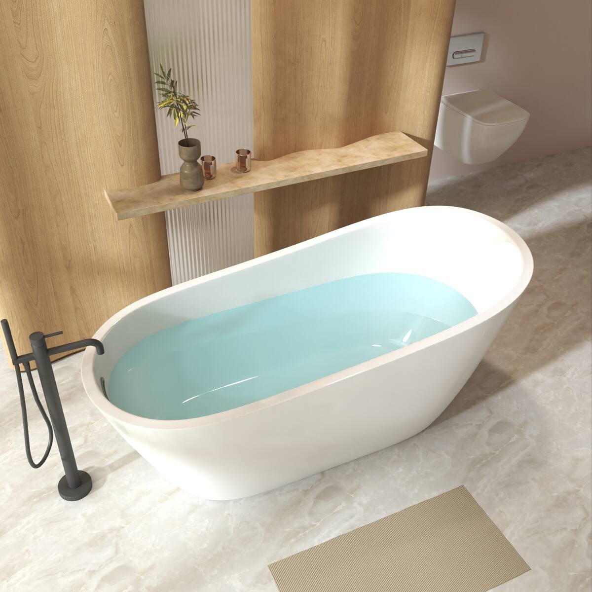 Front. Loheer - Loheer 67 in Freestanding Acrylic Slipper Bathtub Gloss White Oval Soaking Tub with Chrome Overflow and Drain - White.