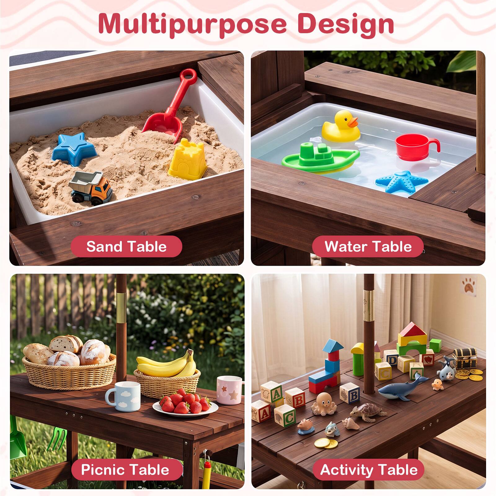 Multipurpose Design

- Sand Table
- Water Table
- Picnic Table
- Activity Table