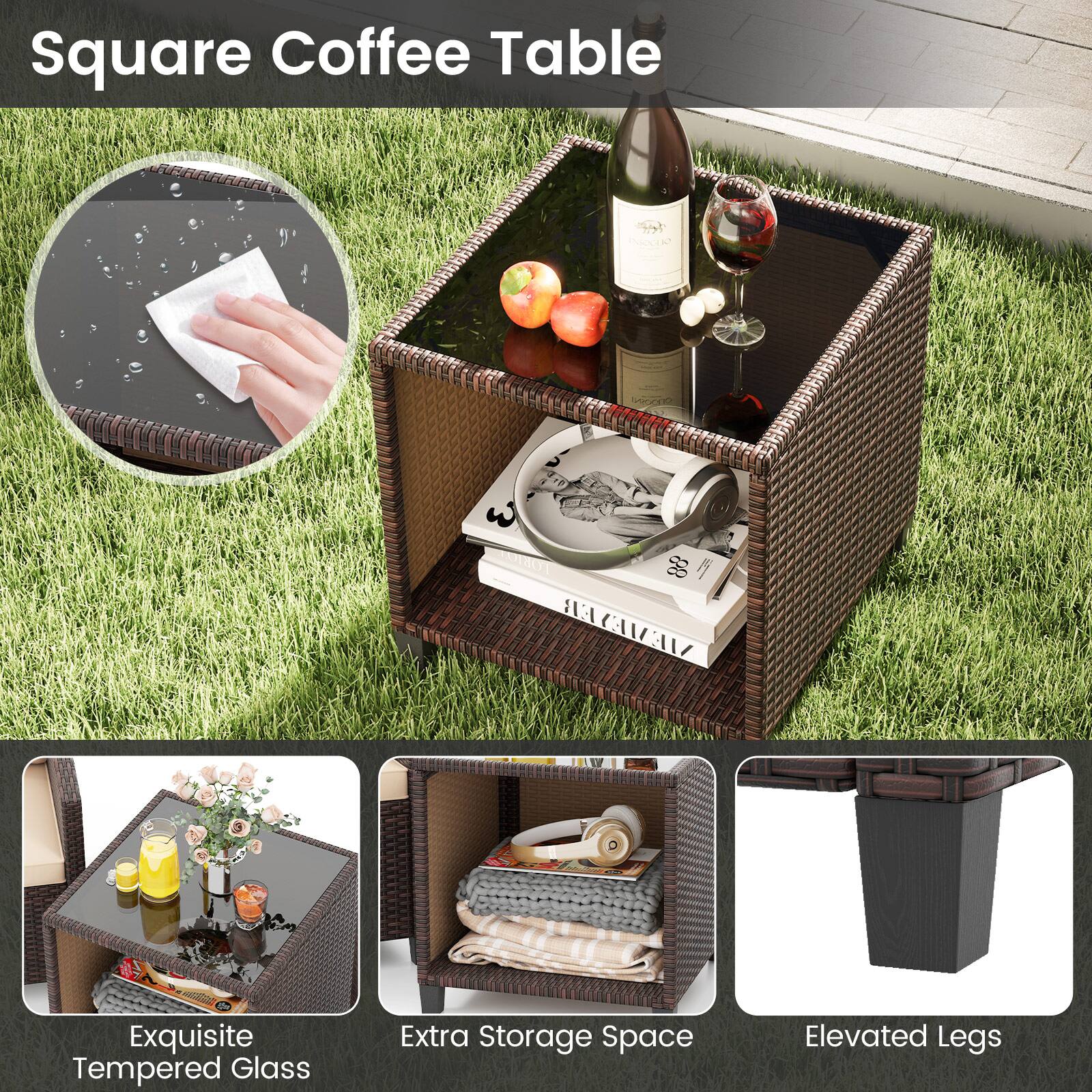 Square Coffee Table: Exquisite Tempered Glass, Extra Storage Space, Elevated Legs