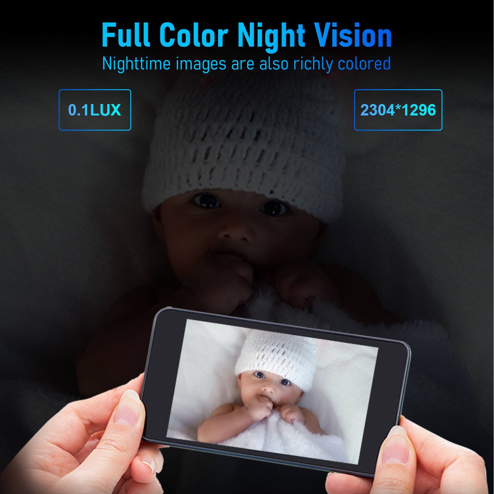 Full Color Night Vision  
Nighttime images are also richly colored  

0.1LUX  

2304*1296