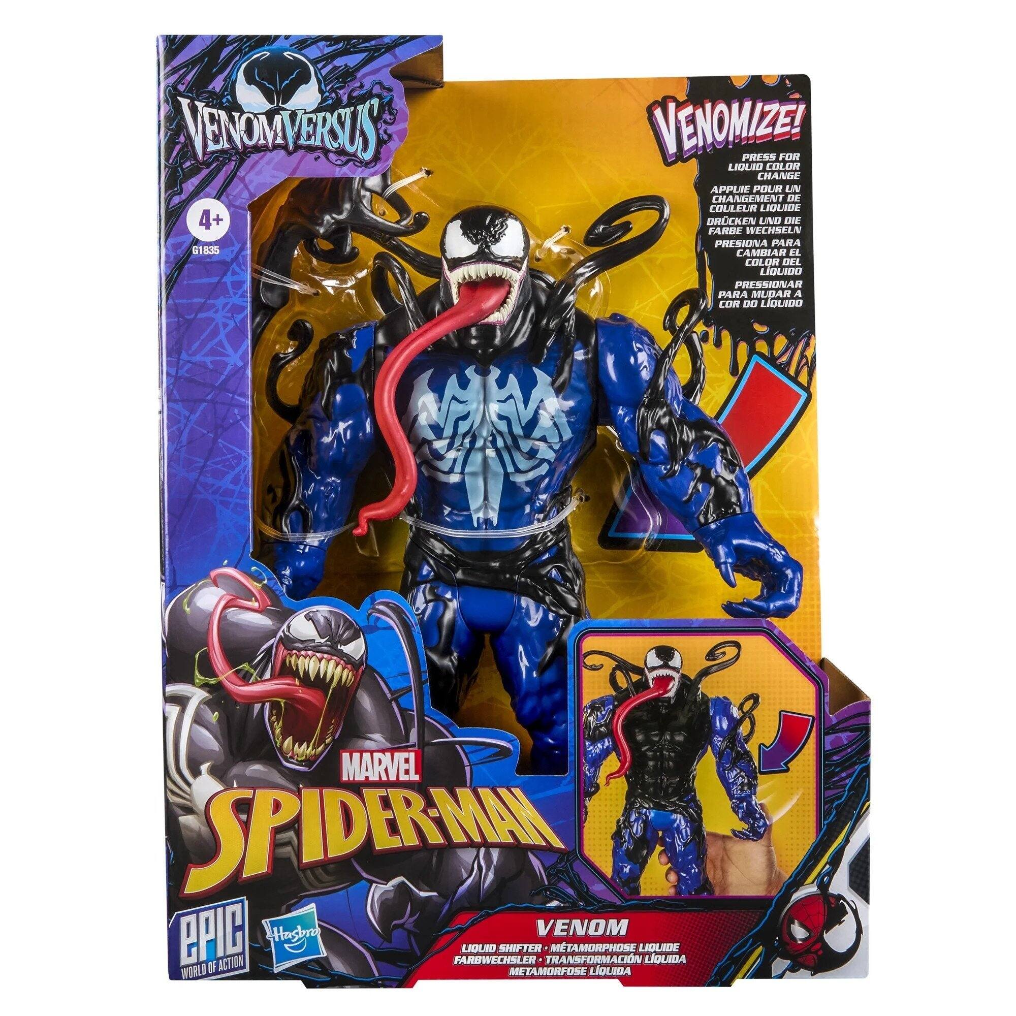VENOM VERSUS  
4+  
61835  

VENOMIZE!  
PRESS FOR LIQUID COLOR CHANGE  
APPUYEZ POUR CHANGER DE COULEUR  
CHANGEMENT DE COULEUR LIQUIDE  
DRÜCKEN UND EXE FARBWECHSELN  
PRESIONA PARA CAMBIAR EL COLOR DEL LÍQUIDO  
PRESSIONER PARA MUDAR A COR DO LÍQUIDO  

MARVEL  
SPIDER-MAN  
VENOM  
LIQUID SHIFTER - METAMORPHOSE LIQUIDE  
FARBWÄCHSLER - TRANSFORMATION LIQUIDA  
METAMORFOSE LÍQUIDA  

EPIC  
WORLD OF ACTION  
Hasbro