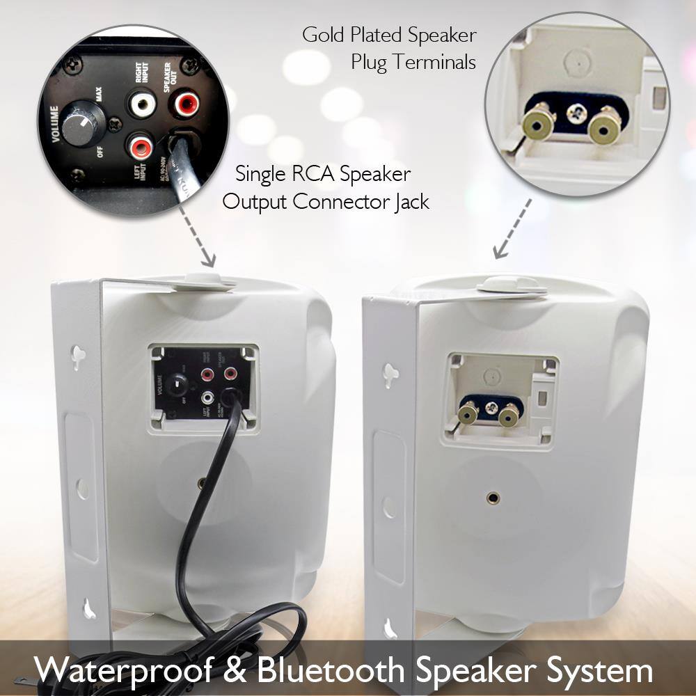 - VOLUME MAX OFF RIGHT INPUT LEFT INPUT SPEAKER OUT
- Gold Plated Speaker Plug Terminals
- Single RCA Speaker Output Connector Jack
- Waterproof & Bluetooth Speaker System