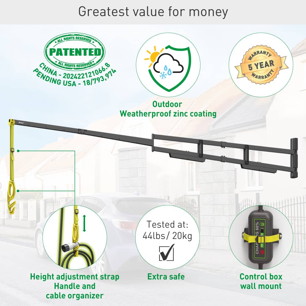 Greatest value for money

PATENTED  
ALL RIGHTS RESERVED  
CHINA - 2024221210668.74  
USA - 18/793,974  

Outdoor Weatherproof zinc coating  
5 YEAR WARRANTY  

Tested at: 44lbs/ 20kg  

Height adjustment strap  
Handle and cable organizer  
Extra safe  
Control box wall mount
