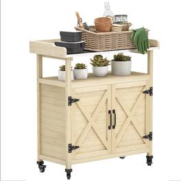 Outsunny - Wooden Potting Bench with Storage Cabinet, Aluminum Tabletop, Rubber Wheels for Backyard, Patio - Natural Wood