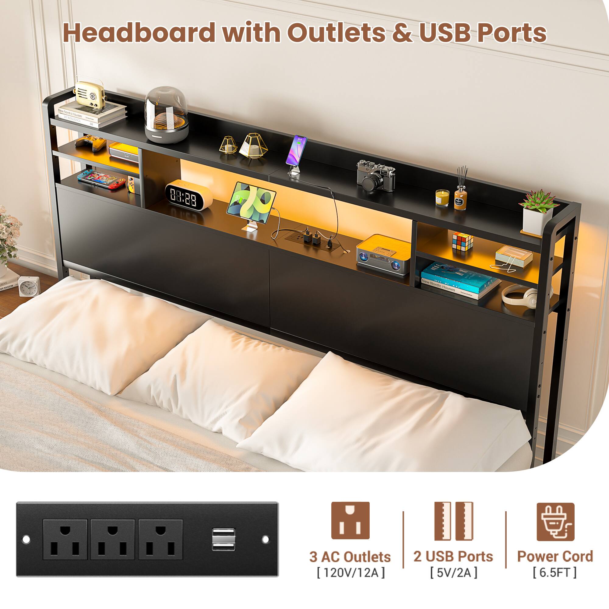 Headboard with Outlets & USB Ports

- 3 AC Outlets [120V/12A]
- 2 USB Ports [5V/2A]
- Power Cord [6.5FT]