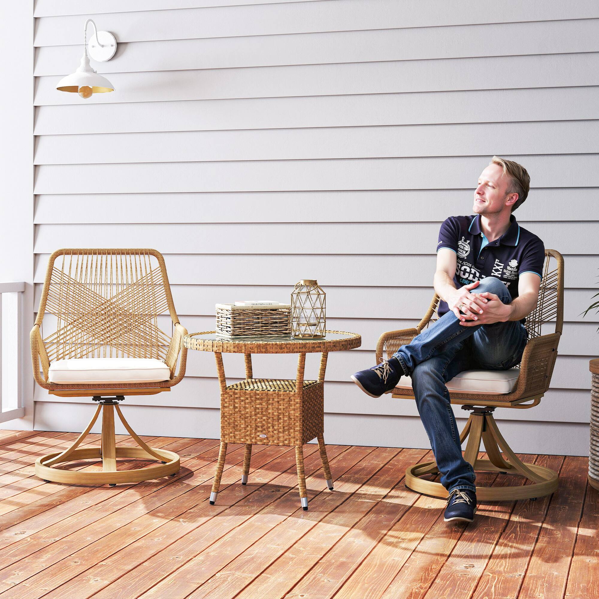 Alt View 1. Outsunny - Swivel Patio Chairs Set of 2, Rattan Outdoor Patio Dining Chairs with Soft Cushions and Metal Frame for Backyard, Lawn - Khaki.