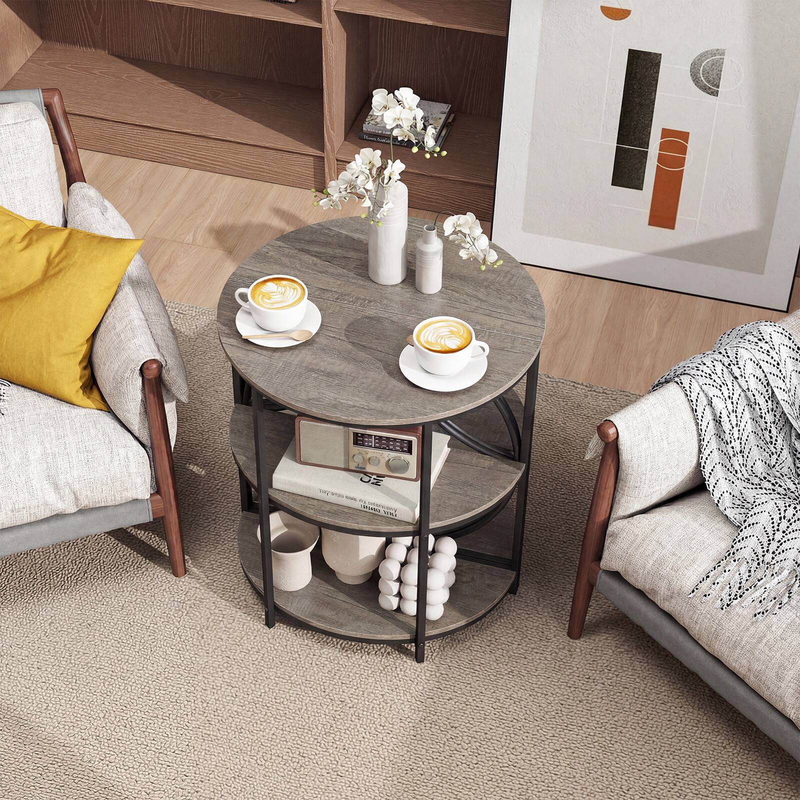 Alt View 3. Gymax - Gymax 3-Tier Half Round End Table Set of 2 w/Study Metal Frame Storage Shelves Grey - Grey.
