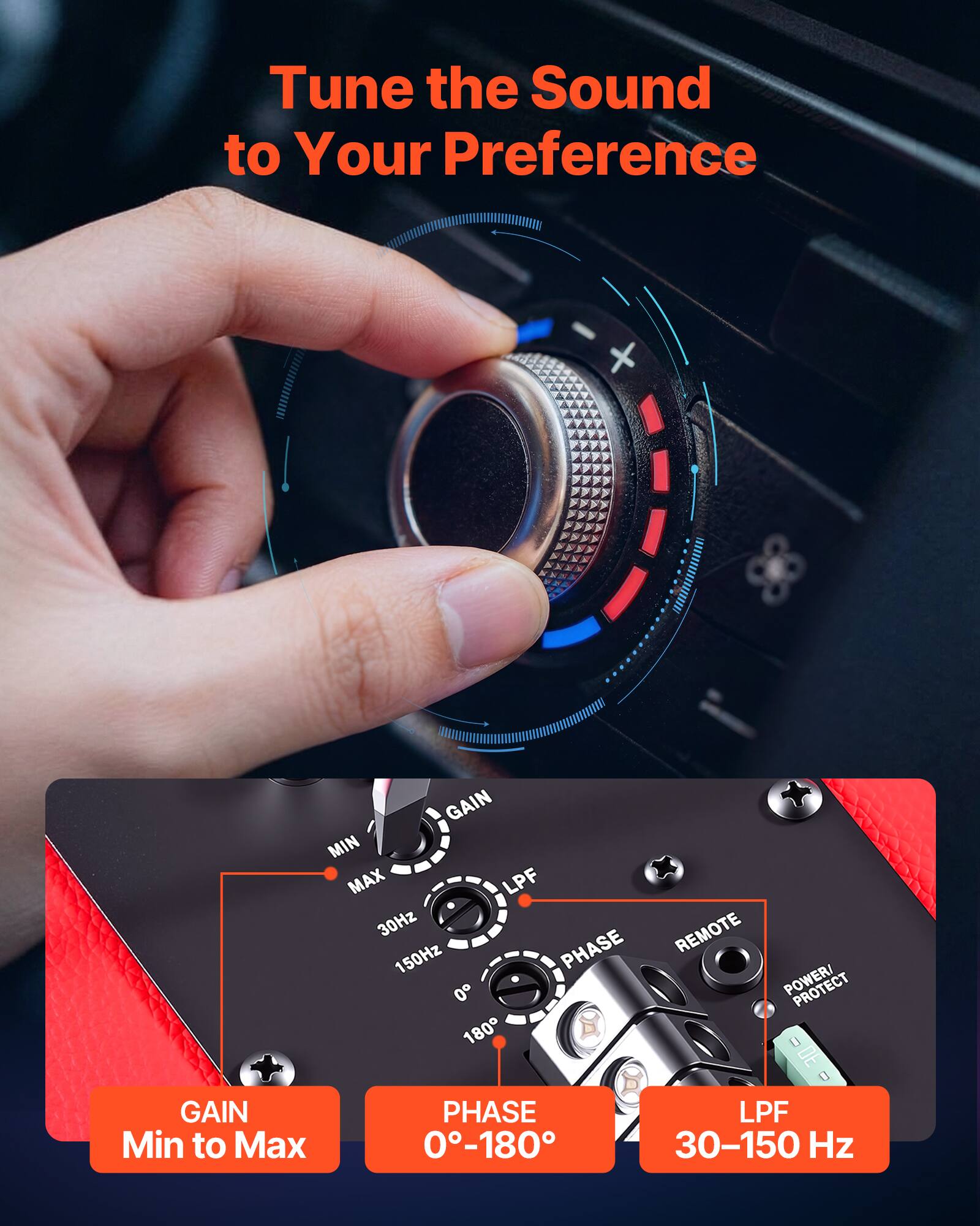 Tune the Sound to Your Preference

GAIN MIN MAX LPF 30Hz REMOTE 150Hz PHASE 0 POWER/ 180 30 0 GAIN PHASE LPF Min to Max 0-180 30-150 Hz