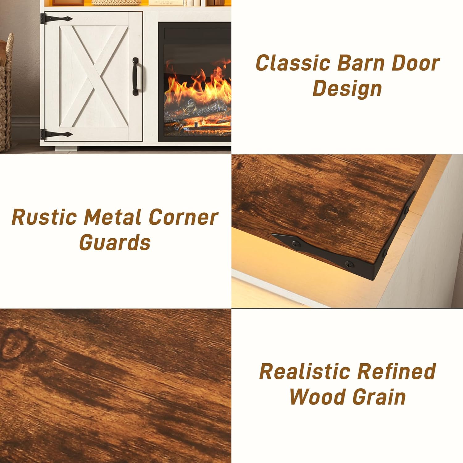 Classic Barn Door Design  
Rustic Metal Corner Guards  
Realistic Refined Wood Grain