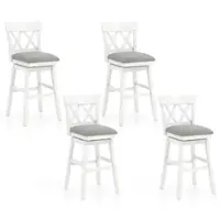 Costway - 4 PCS 30" Bar Stool Wooden Chair with Contoured Backrest Swivel Padded Seat for Kitchen - White/Gray - Front_Zoom
