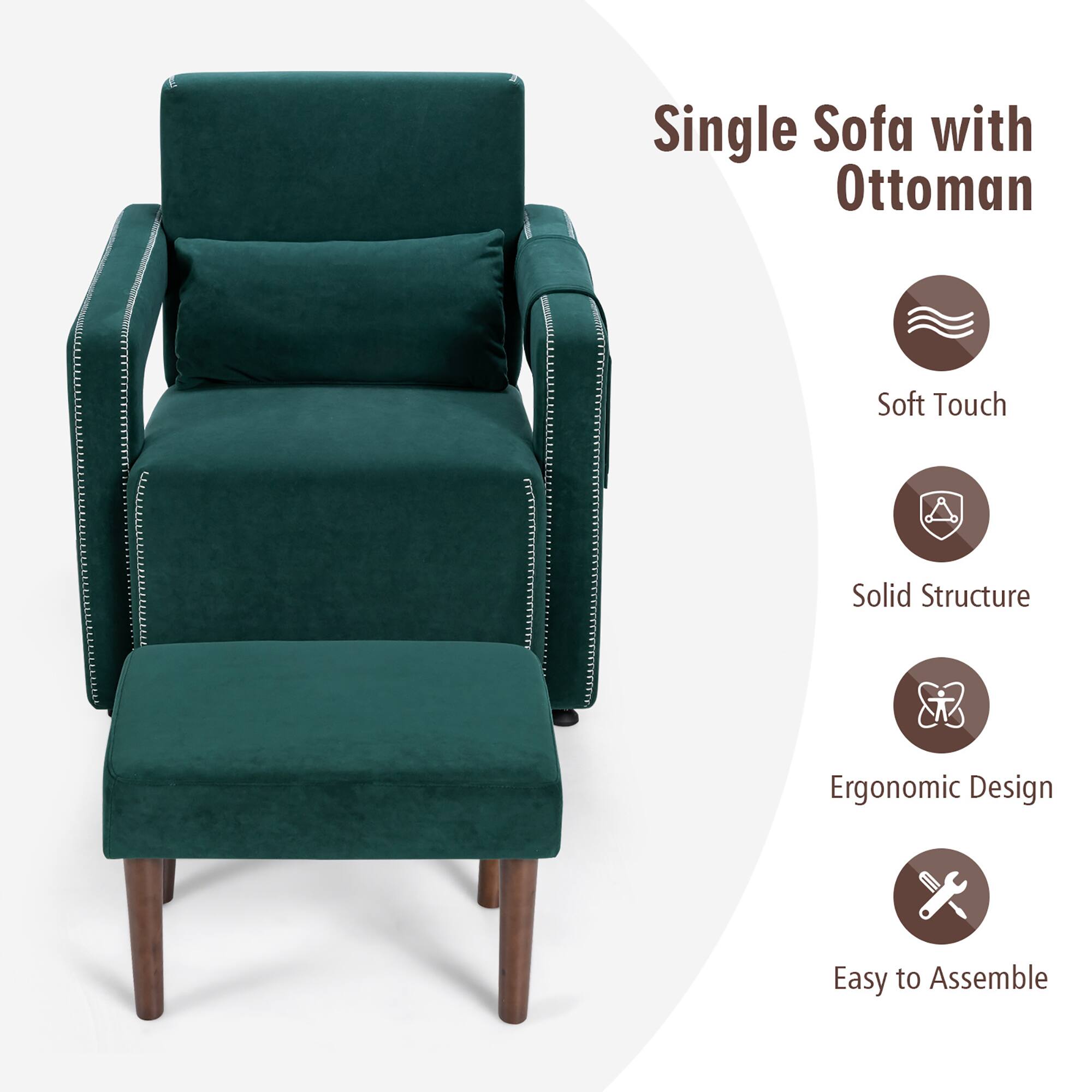 Single Sofa with Ottoman: Soft Touch, Solid Structure, Ergonomic Design, Easy to Assemble