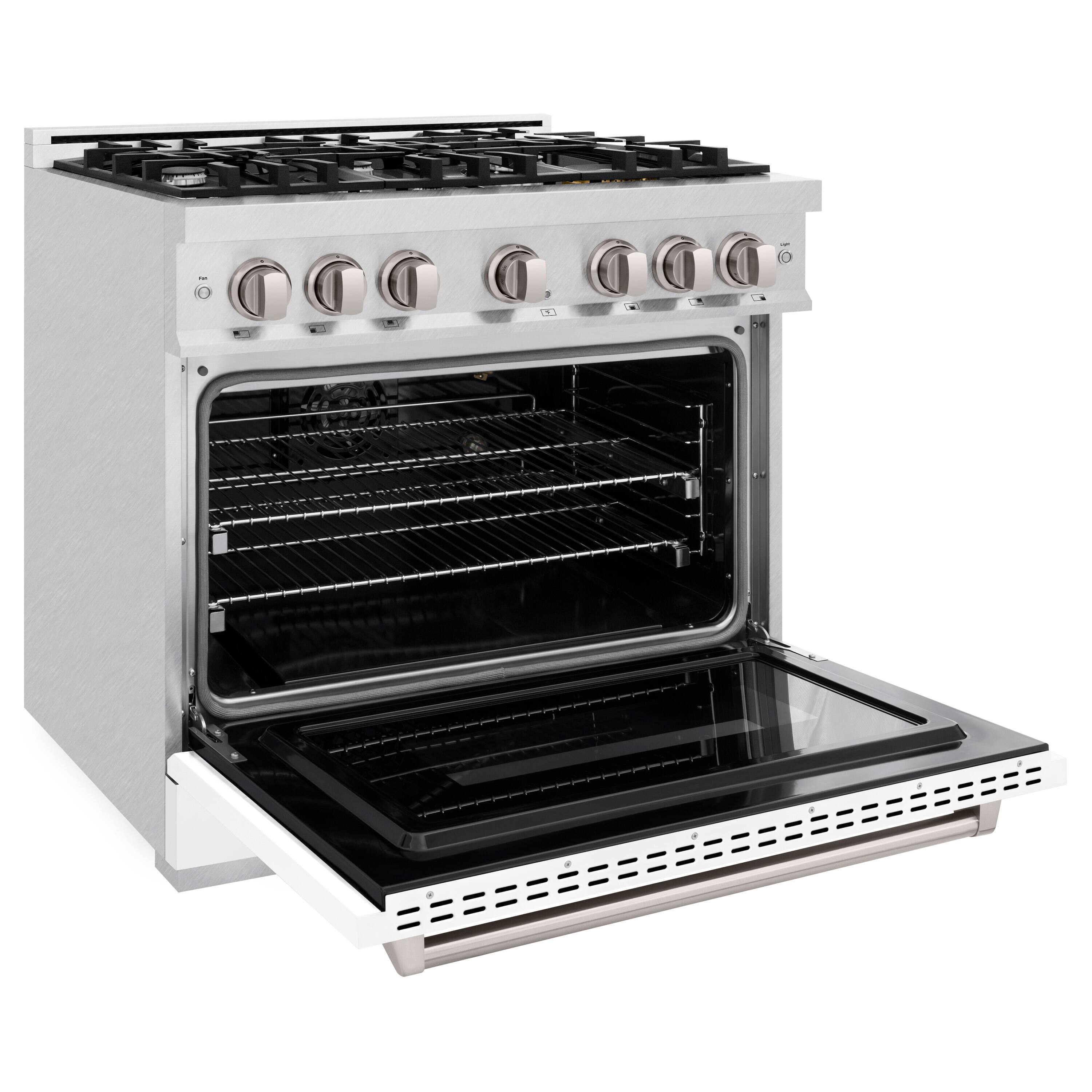 Left. ZLINE - ZLINE 36 in. Classic Satin Steel Gas Range w/ 6 Burners & Convection Oven w/ White Door (CGRS-WM-36) - White.