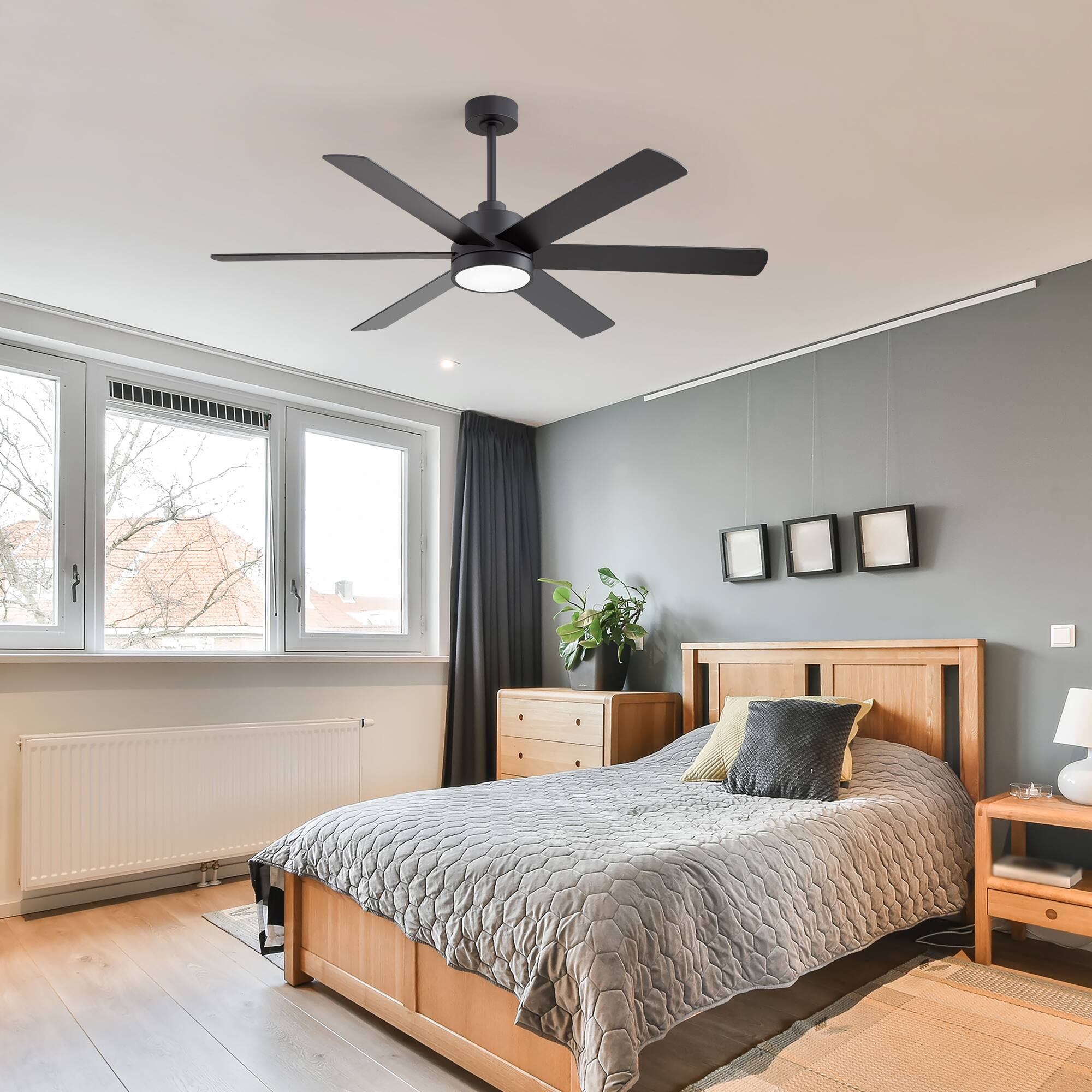 Alt View 1. Breezary - 60 Inch Modern LED Ceiling Fan with Light and Remote, 6 Reversible Plywood Blades,6&12 Inch Downrods Included - matte black and walnut.