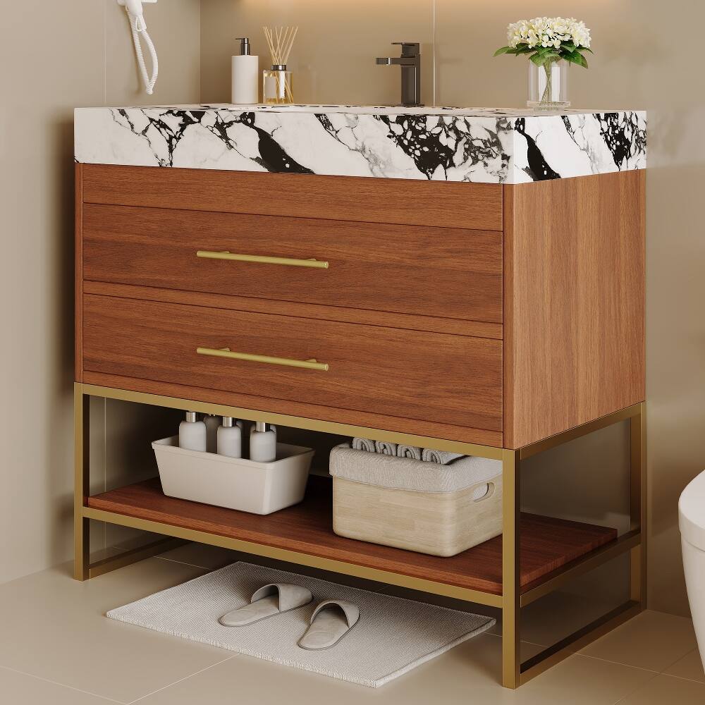 Alt View 2. Loheer - Loheer 30 inch freestanding bathroom vanity with sintered stone top, walnut and gold - Walnut, Gold, White.