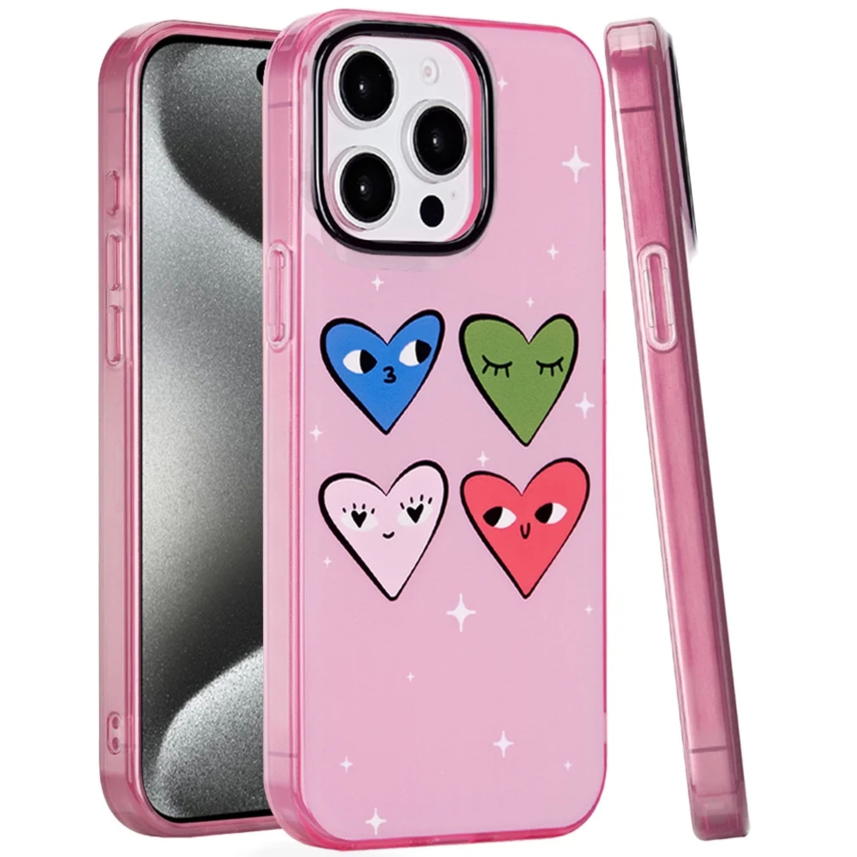 Kitcheniva - Dual Layer TPU Protective Case With Tempered Glass For iPhone 15 Pro Max Cute Hearts - Multicolor