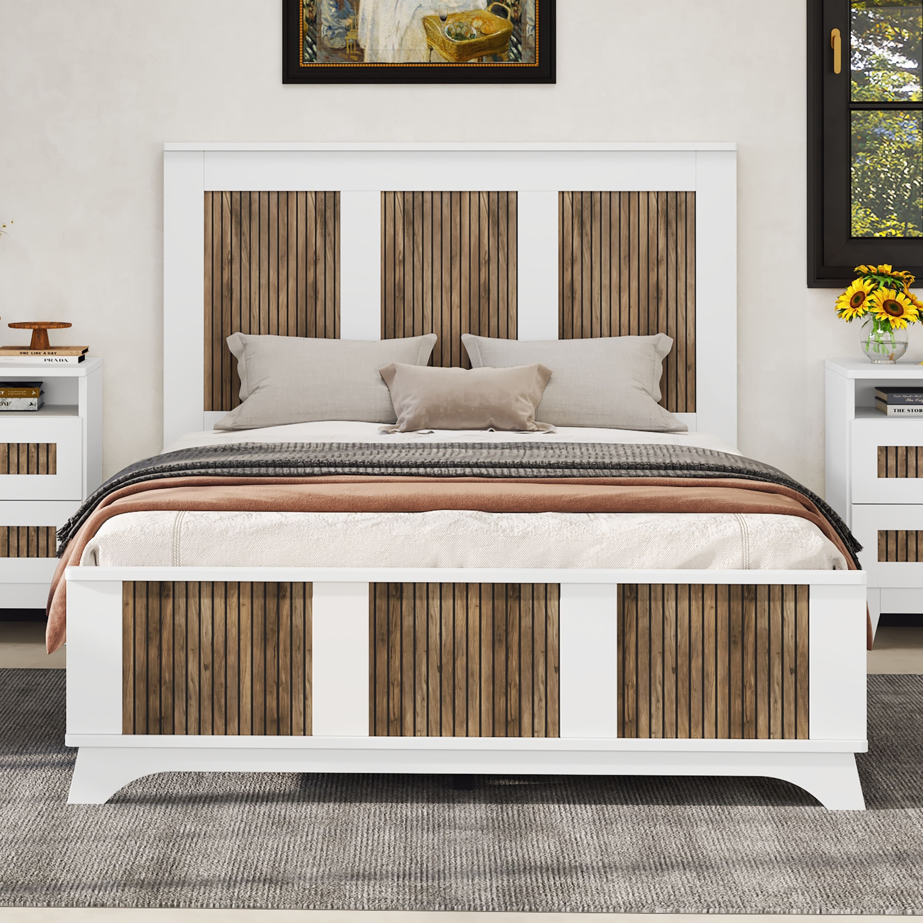 Tiramisubest - Farmhouse Wooden Platform Full Size Bed, Modern Platform Bed with Wooden Strip Decoration, Plywood Slats Support, White - White