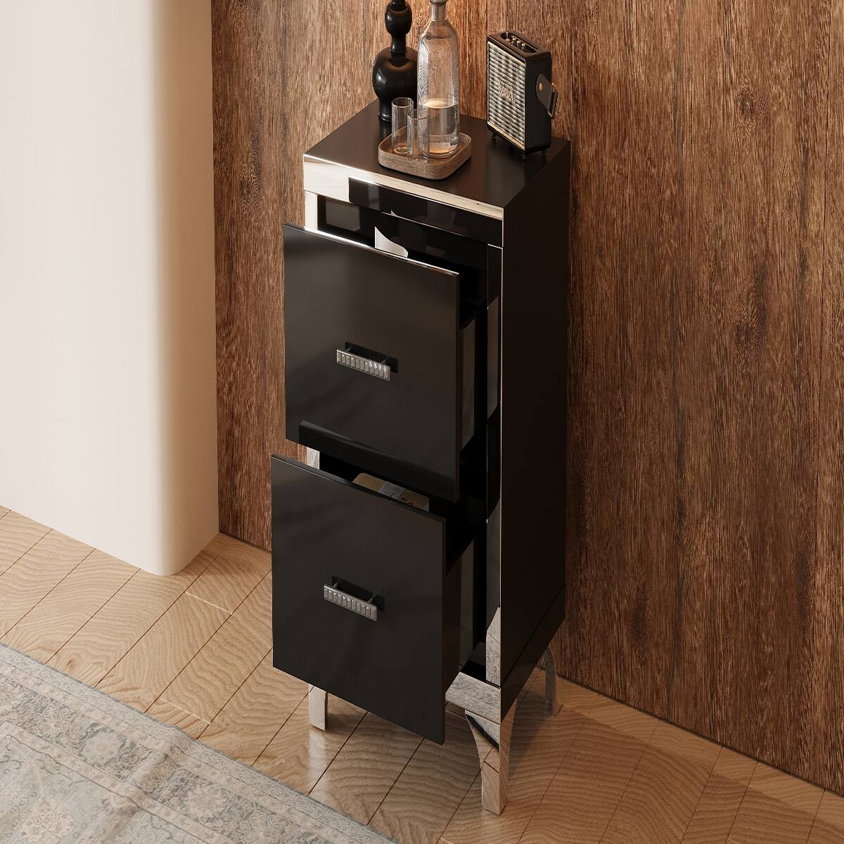 Alt View 10. Loheer - Loheer Black Two Drawer Nightstand, High Gloss Mirrored Bedside Table - Black.
