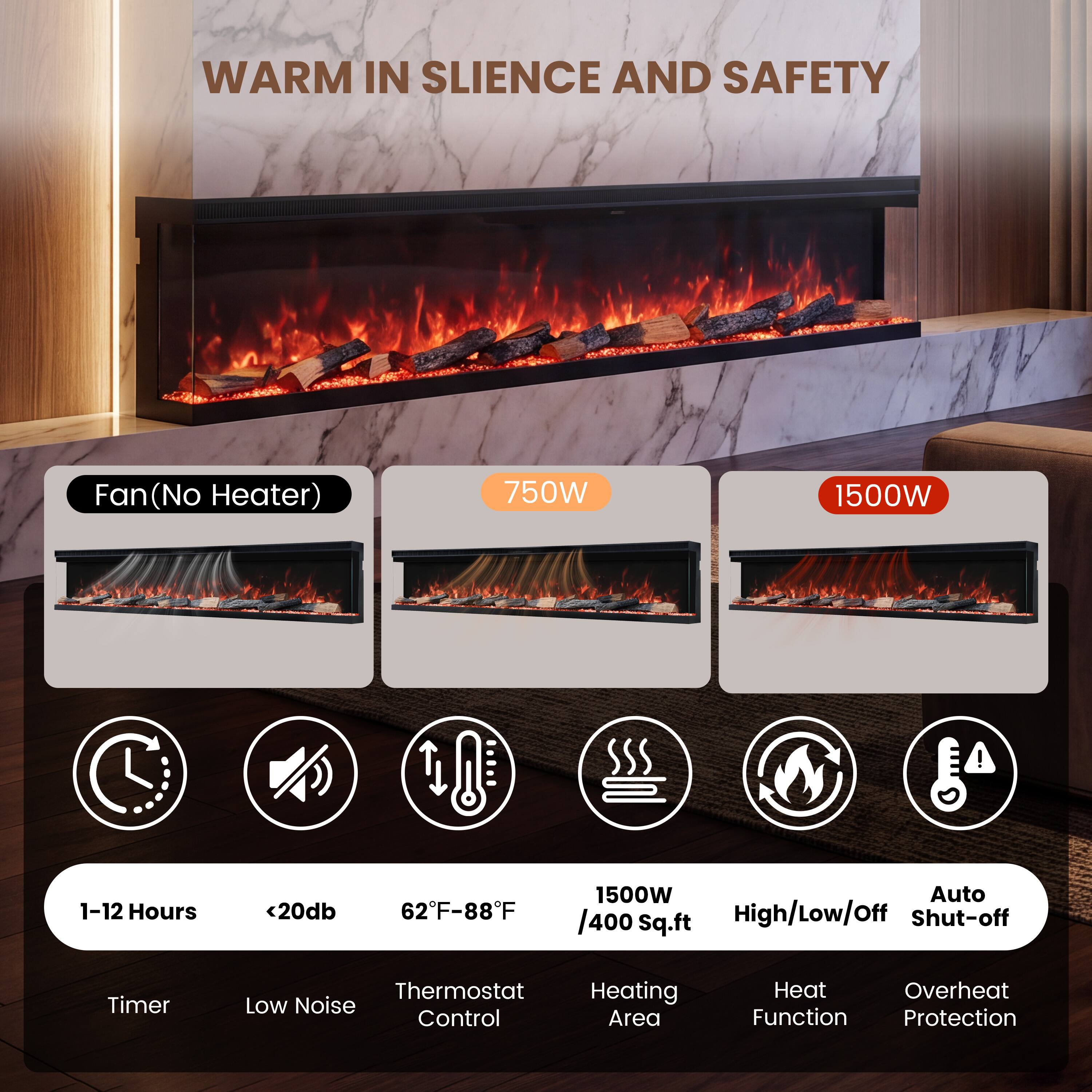WARM IN SILENCE AND SAFETY

Fan (No Heater)
750W
1500W

1-12 Hours
<20db
62°F-88°F
1500W Auto / 400 Sq.ft High/Low/Off Shut-off

Timer
Thermostat Low Noise Control
Heating Area
Heat Overheat Function Protection