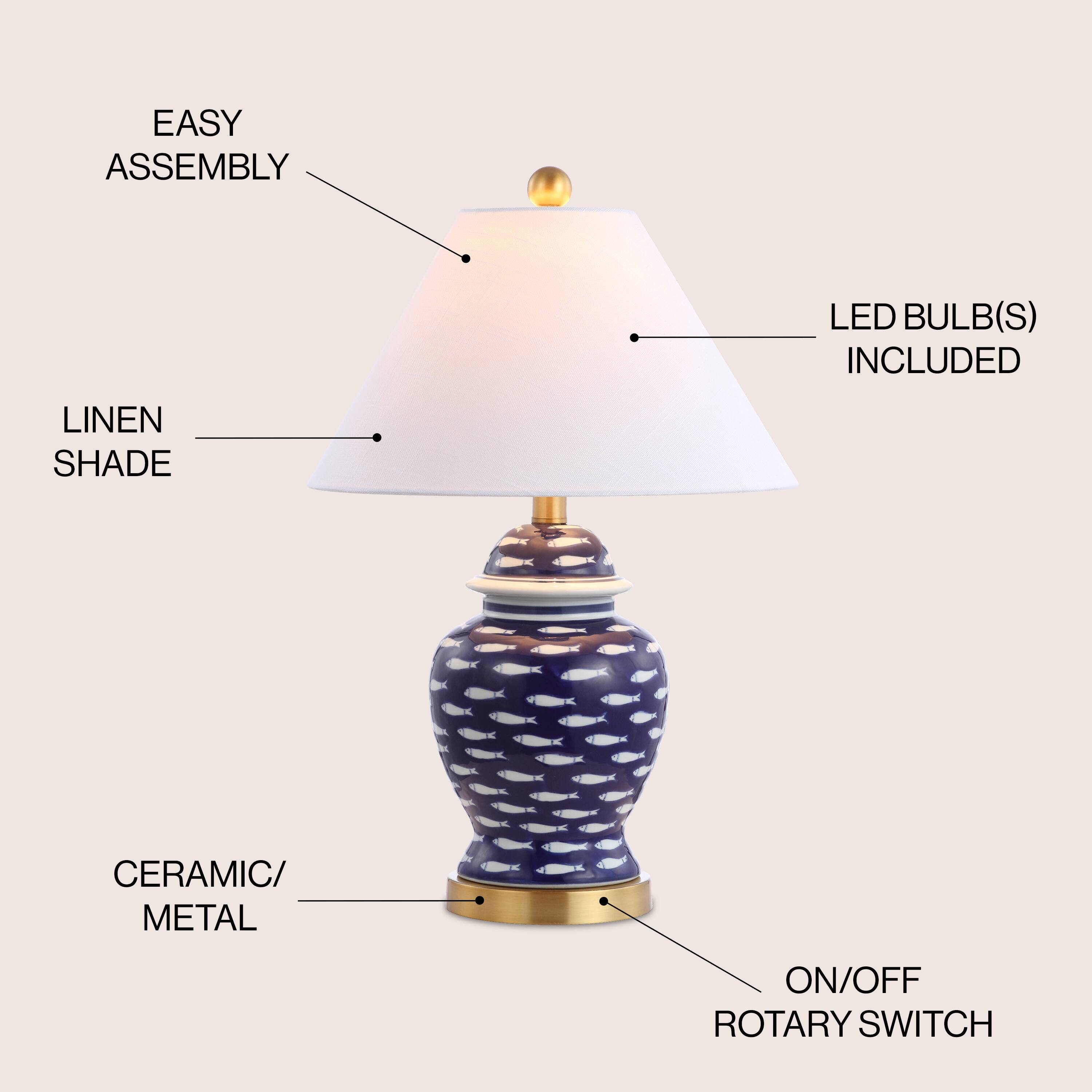 EASY ASSEMBLY  
LED BULB(S) INCLUDED  
LINEN SHADE  
CERAMIC/METAL  
ON/OFF ROTARY SWITCH