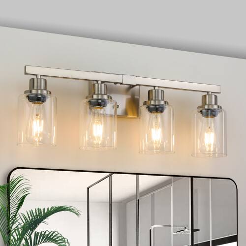 Left. LUCKY ONE - 24in Wall Mount Vanity Light, 4-Light Brushed Nickel Sconce with Clear Glass Shades - Chrome.
