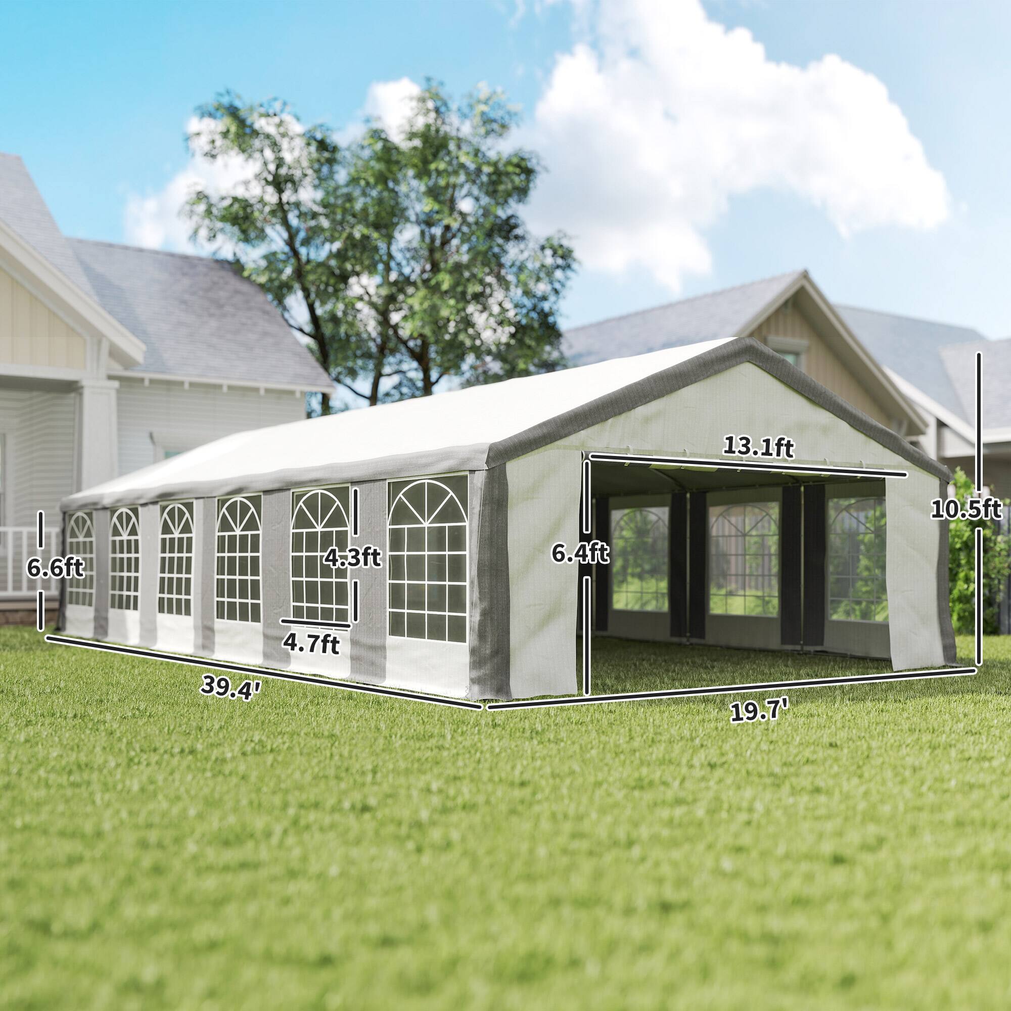 The text on the image is grouped as follows:

- Length: 39.4'
- Width: 19.7'
- Height: 13.1ft
- Side height: 6.4ft
- Door height: 6.6ft
- Door width: 10.5ft
- Window height: 4.7ft
- Window width: 4.3ft