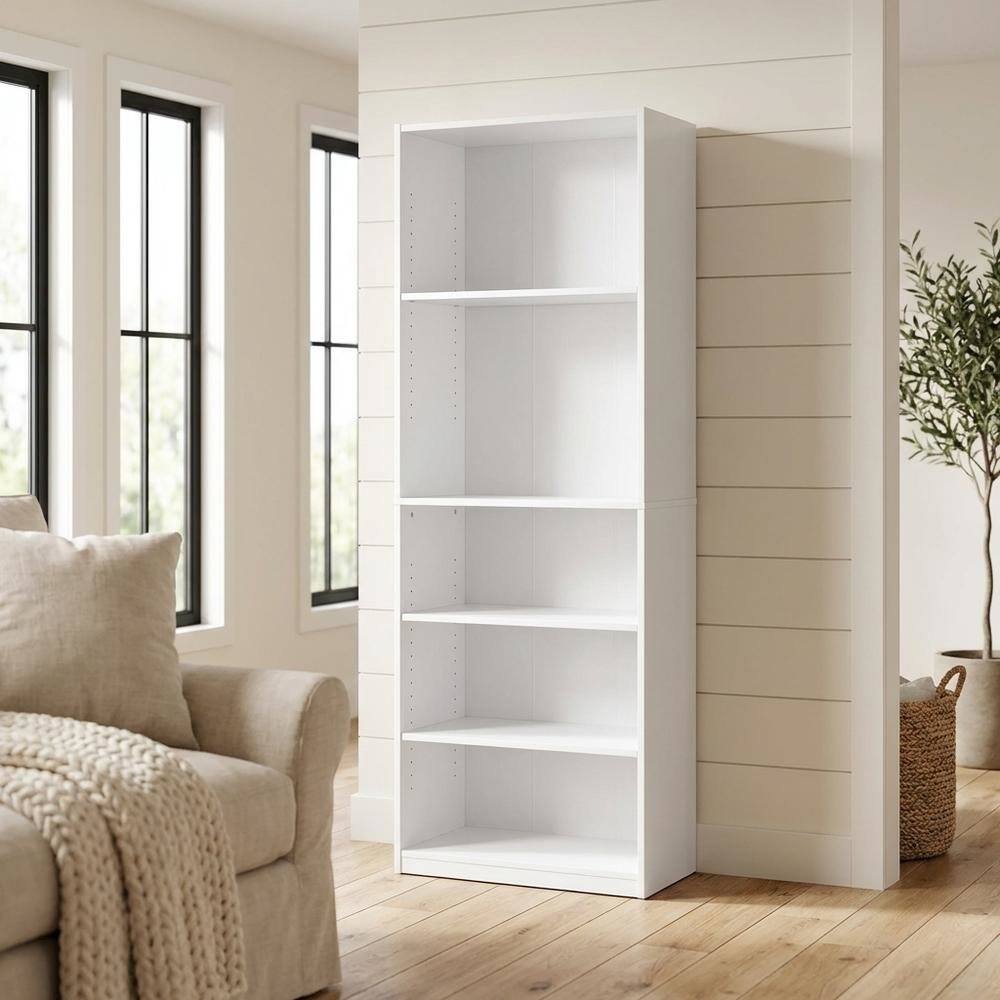 Left. FurniFact - White 5-Shelf Bookcase with Sturdy Shelving for Living Room Storage - White.