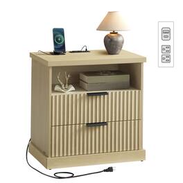 Songmics Home - MAXE Collection-Nightstand with Charging Station,Fluted Night Stand,Bedside Table2 Drawers,2 AC Outlets,2 USB Ports - Oak Beige