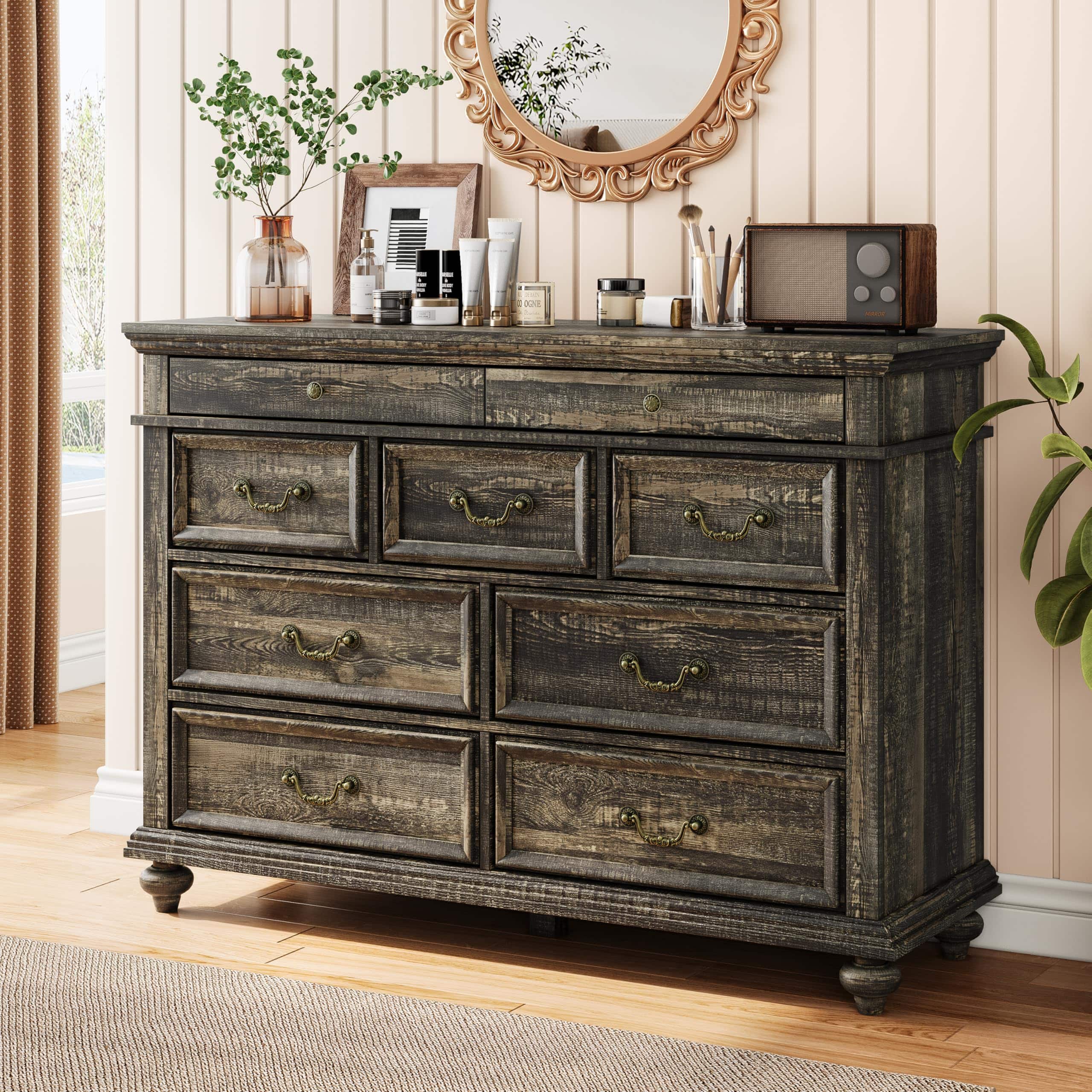 Homhougo - Farmhouse 9 Drawers Dresser for Bedroom, 47" Wide Wood Rustic Chest of 9 Drawers with Metal Handles - Black
