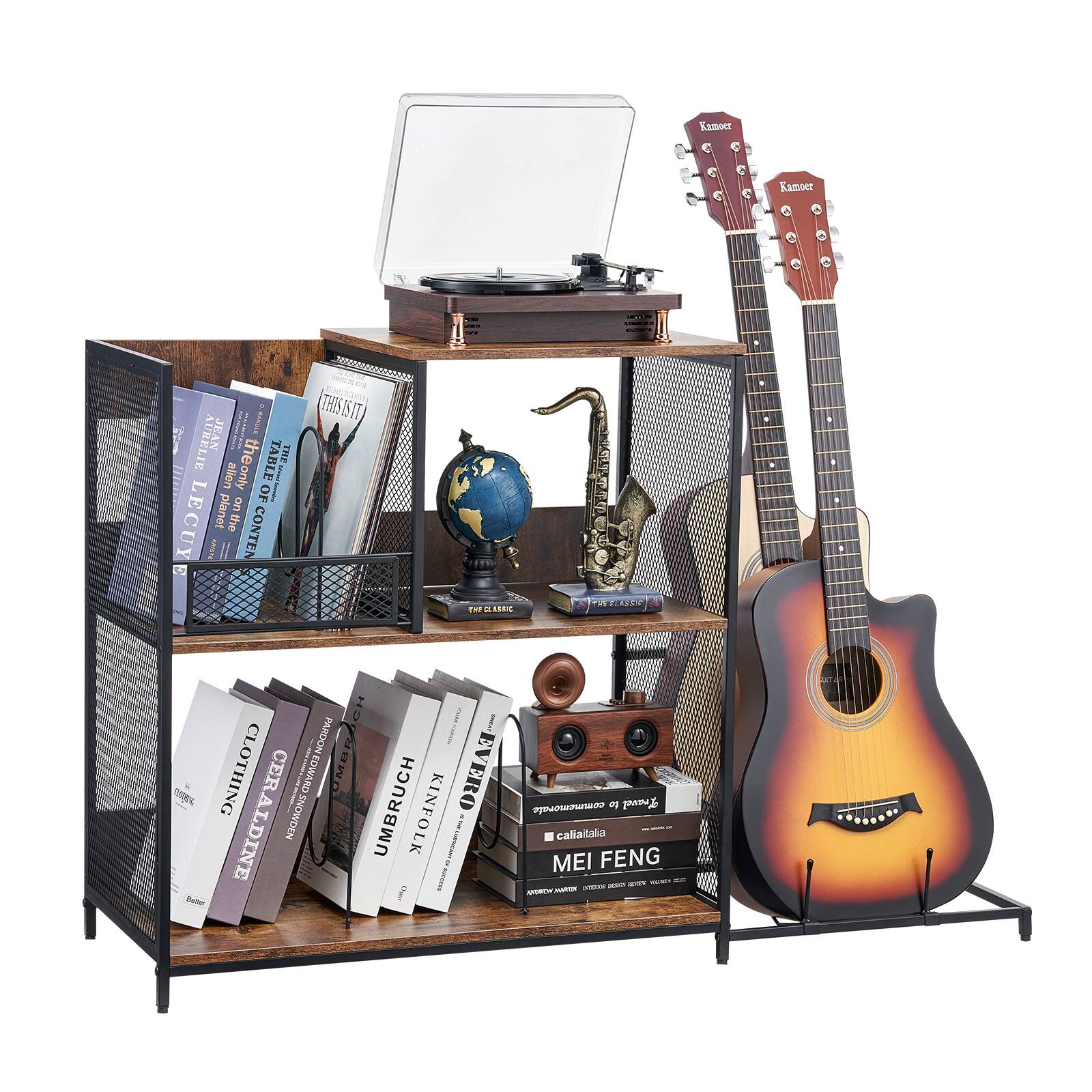 VEVOR - 3-Tier Record Player Stand with Guitar Holder, Turntable Stand with Storage Holds Up to 300 Albums - Brown