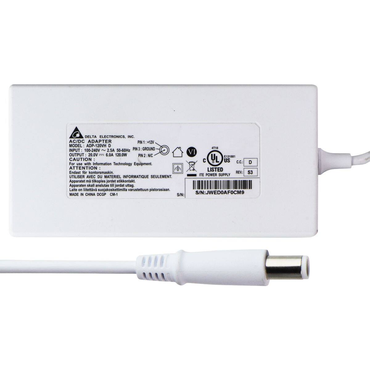 DELTA ELECTRONICS, INC.  
AC/DC ADAPTER  
MODEL: ADP-120VH D  
PIN1: +12V  
PIN3: GROUND  
PIN2: NC  

INPUT: 100-240V 2.5A 50-60Hz  
OUTPUT: 20.0V= 6.0A 120.0W  

CAUTION:  
For use with Information Technology Equipment.  
Endast för kontorsmaskin.  
UTILISER AVEC DU MATERIEL INFORMATIQUE SEULEMENT.  
Apparatet måste jordas.  
Apparaten skall anslutas till jordat uttag.  
Läte on litettava suojakoskettimilla varustettuun pistorasiaan.  

MADE IN CHINA  
DCGP CM-1  
S/N: JWED0AFOCM9  

UL LISTED  
ITE POWER SUPPLY  
C C.C. D  
REV: S3