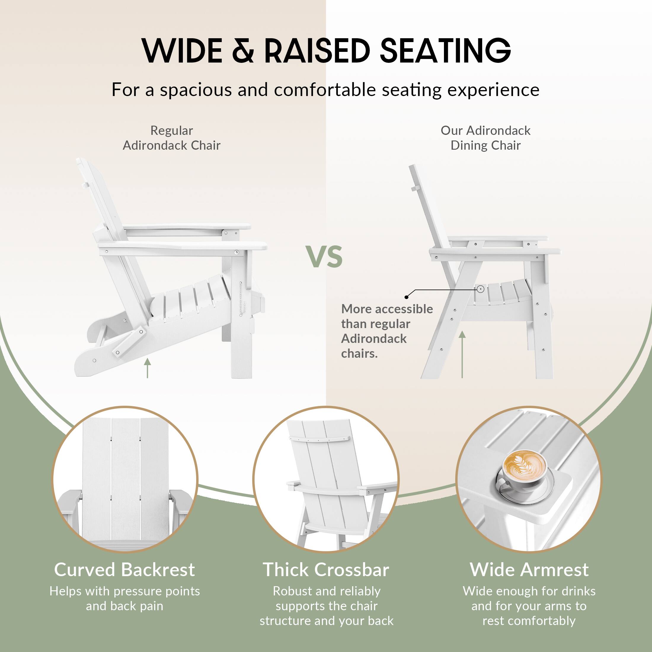 WIDE & RAISED SEATING  
For a spacious and comfortable seating experience

Regular Adirondack Chair  
VS  
Our Adirondack Dining Chair  
More accessible than regular Adirondack chairs.

- Curved Backrest  
  Helps with pressure points and back pain

- Thick Crossbar  
  Robust and reliably supports the chair structure and your back

- Wide Armrest  
  Wide enough for drinks and for your arms to rest comfortably